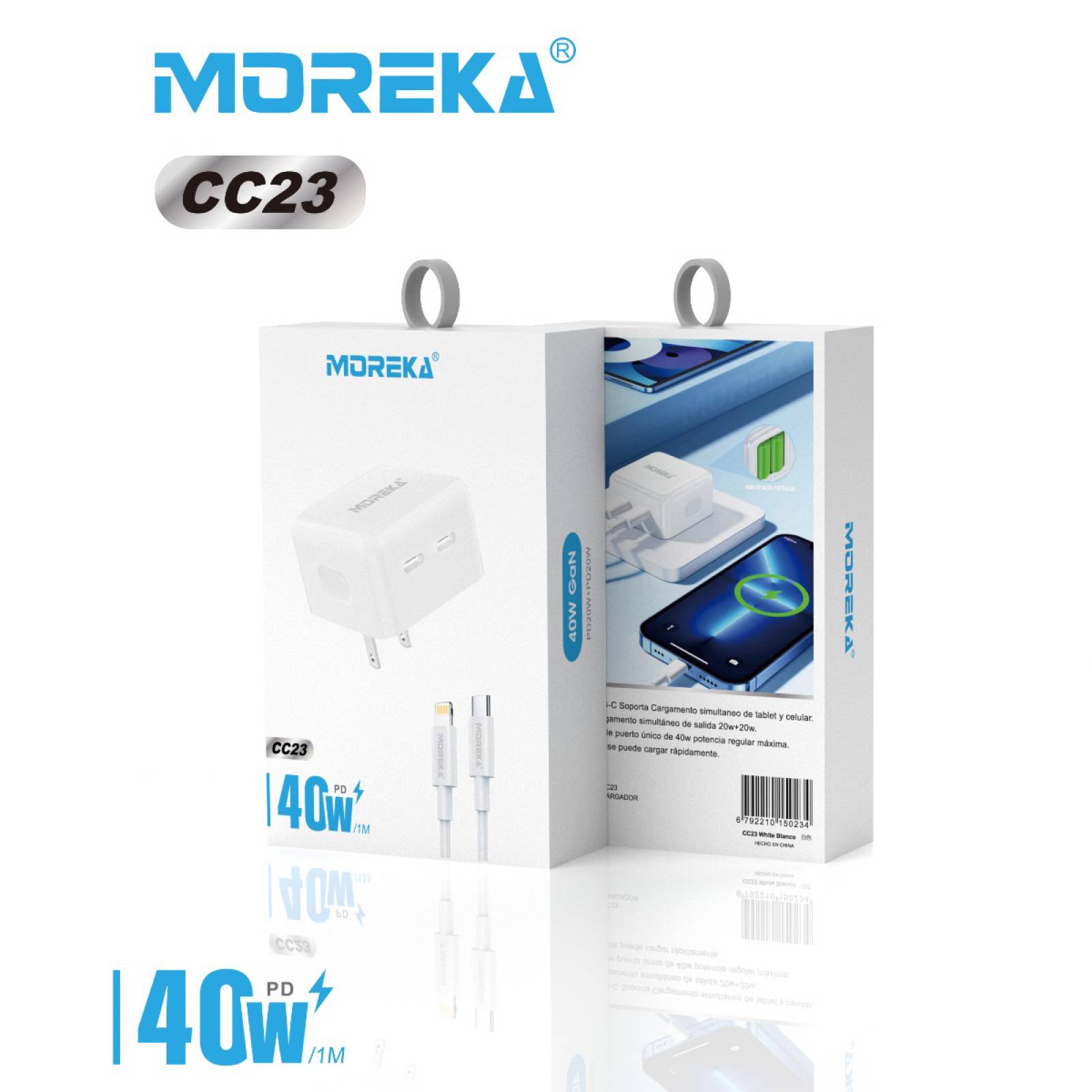 Turbo Cargador 40W Moreka CC23 Carga Rapída Doble USB y Cable Tipo Iphone