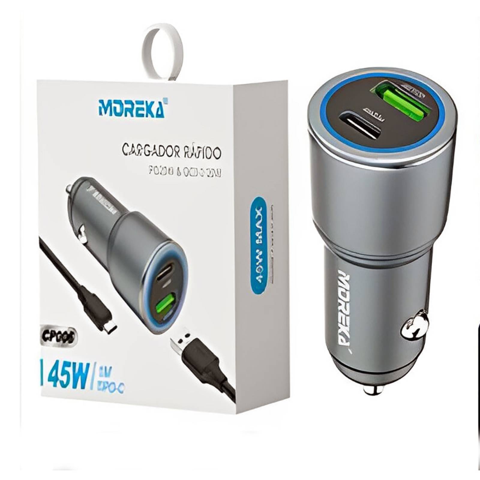 Turbo Cargador De Carro Moreka CP006 PlugIn 45W USB y Tipo C Inc Cable 1M