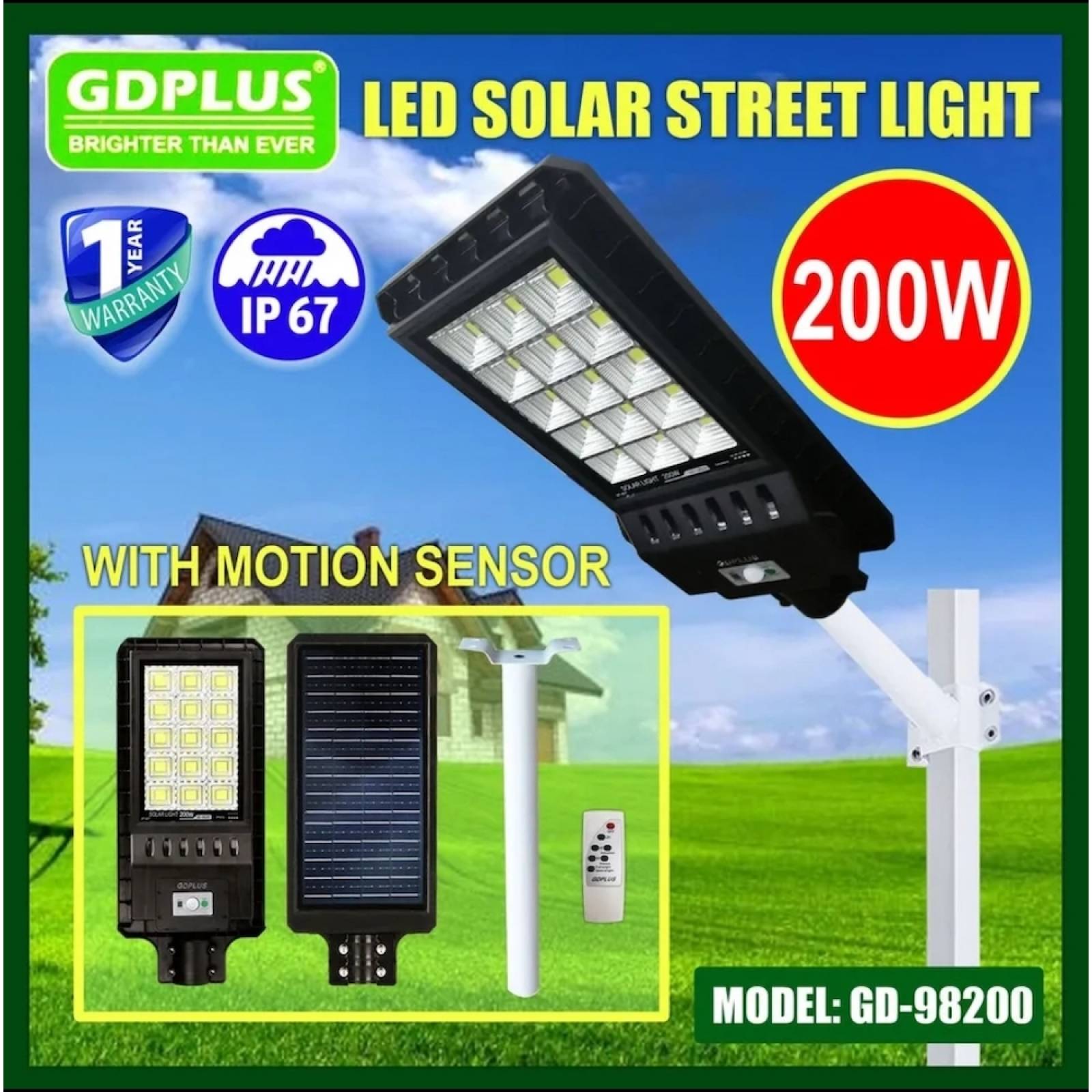 Luminaria Suburbana Alumbrado Publico Solar 200W con Sensor Movimiento GD-98200