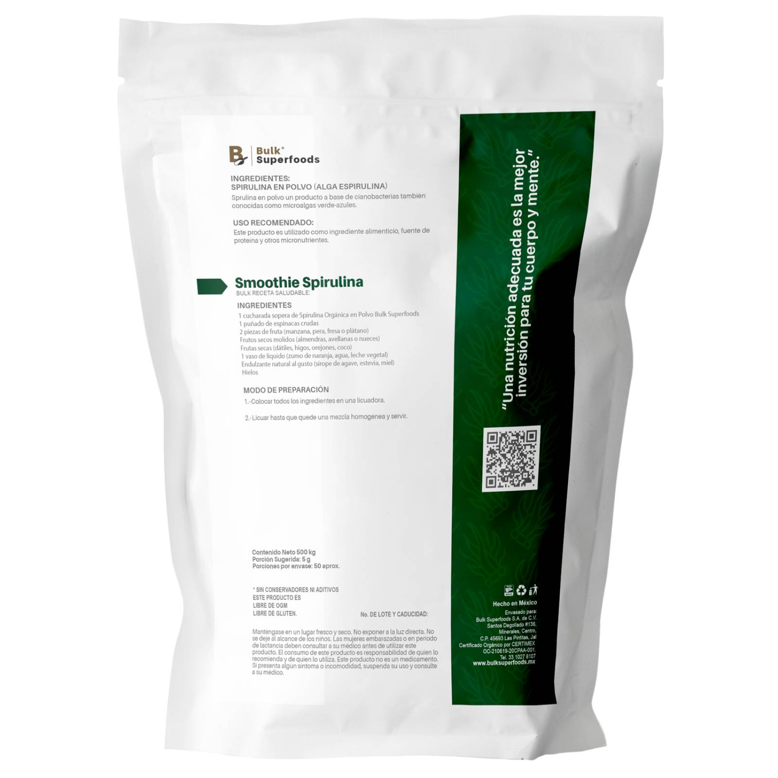 Espirulina 100% Orgánica en Polvo | Alga Espirulina 500g | 100% Natural BULK Superfoods. 