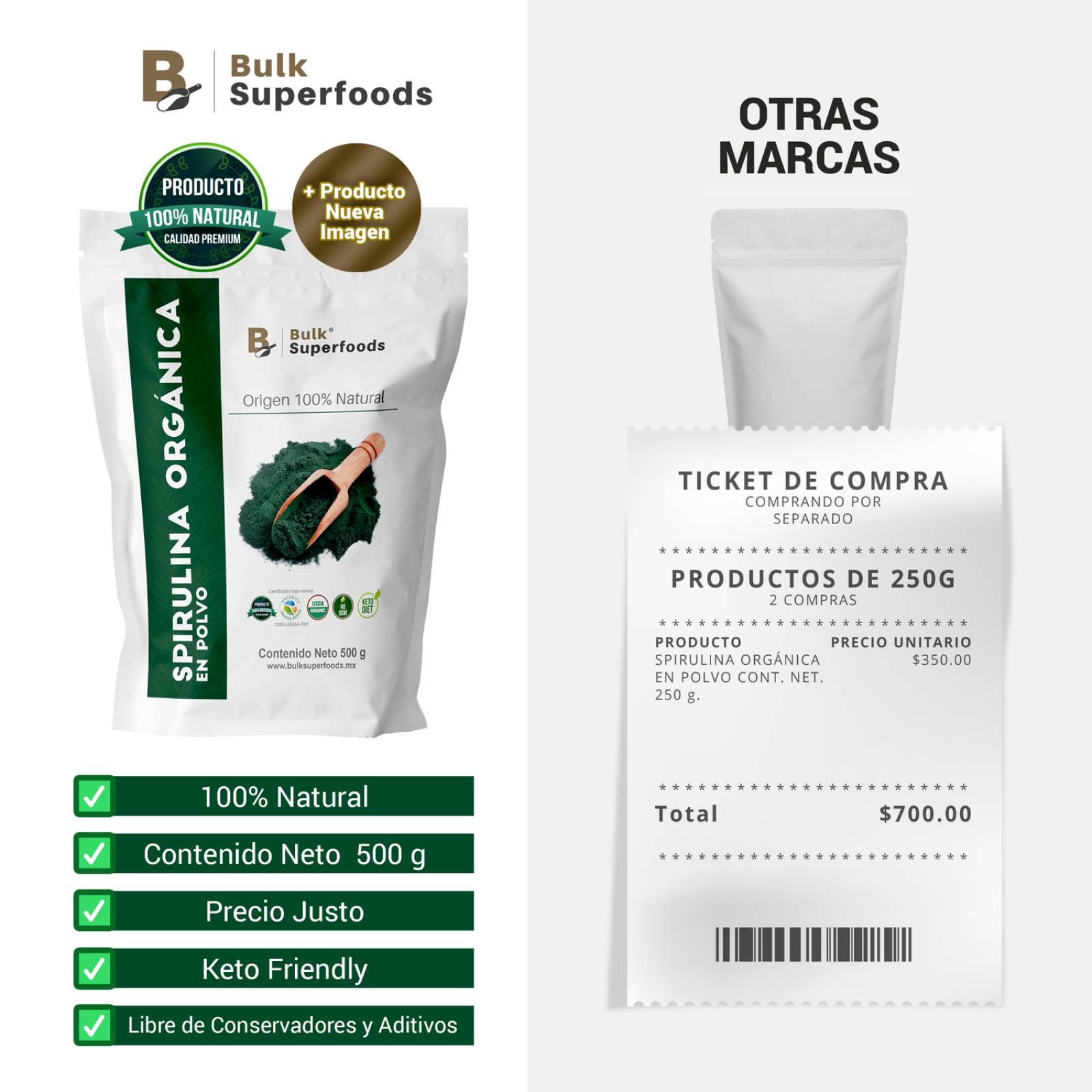 Espirulina 100% Orgánica en Polvo | Alga Espirulina 500g | 100% Natural BULK Superfoods. 