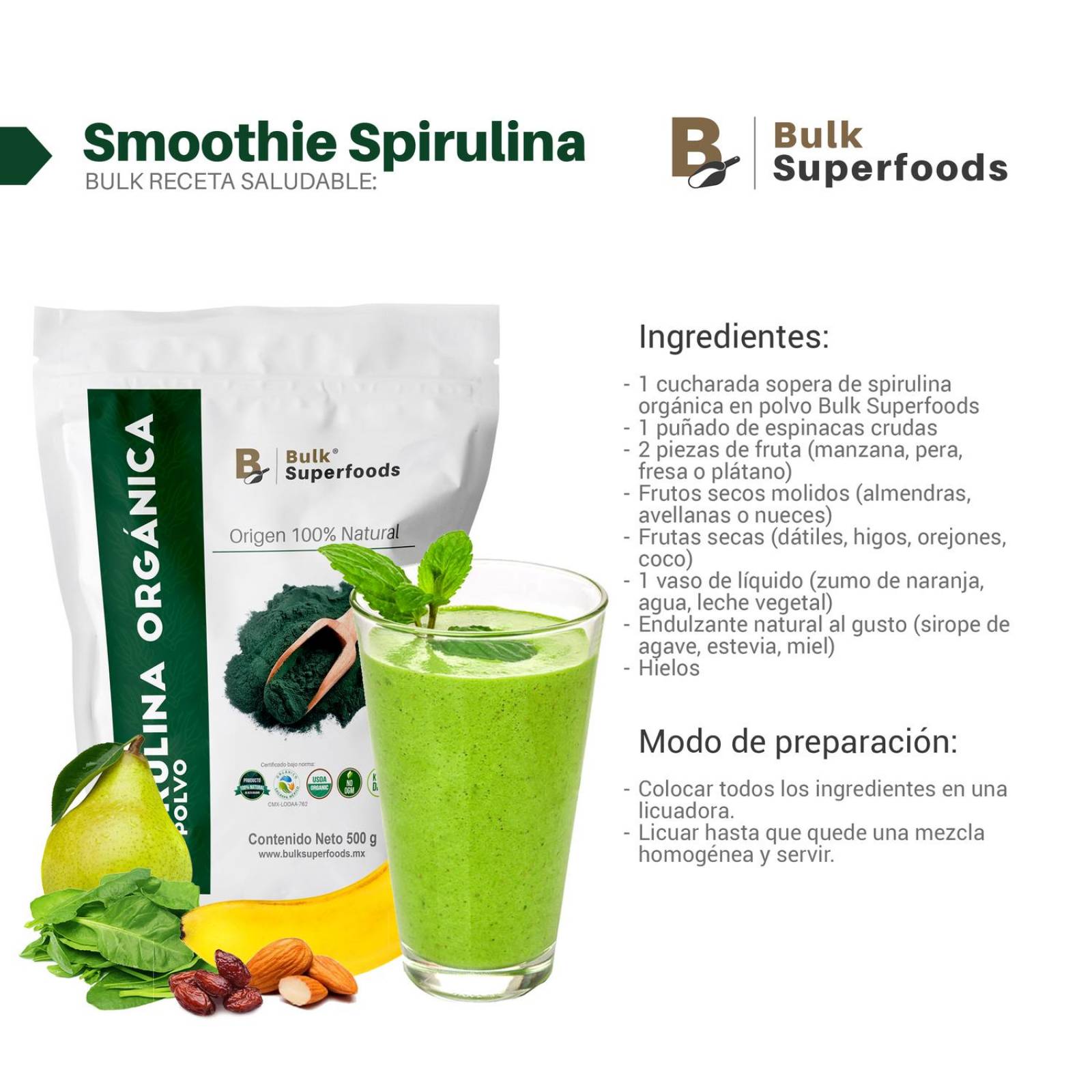 Espirulina 100% Orgánica en Polvo | Alga Espirulina 500g | 100% Natural BULK Superfoods. 