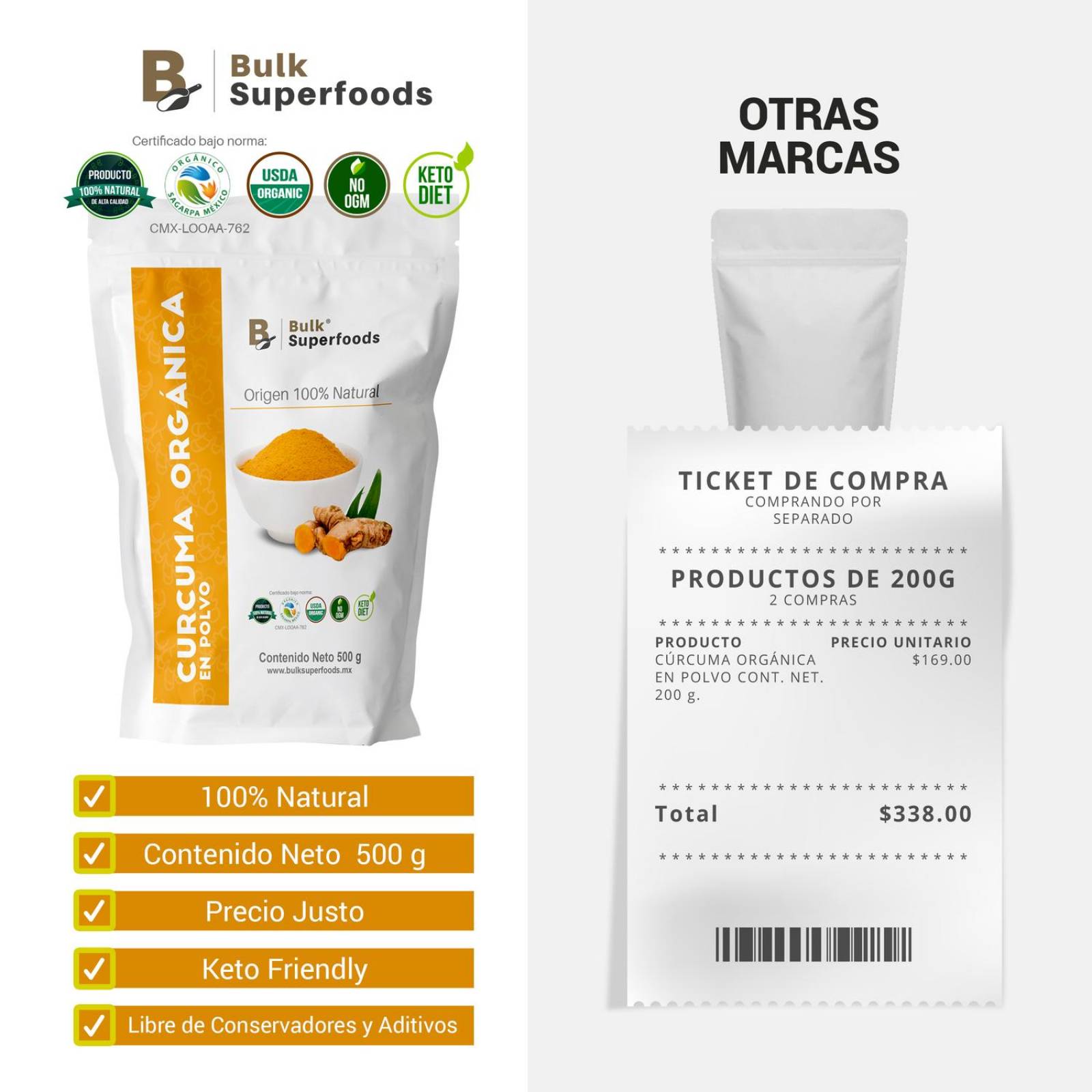 Curcuma Orgánica en Polvo | 500g | 100% Natural| Organic Turmeric Powder | Premium Natural Food.