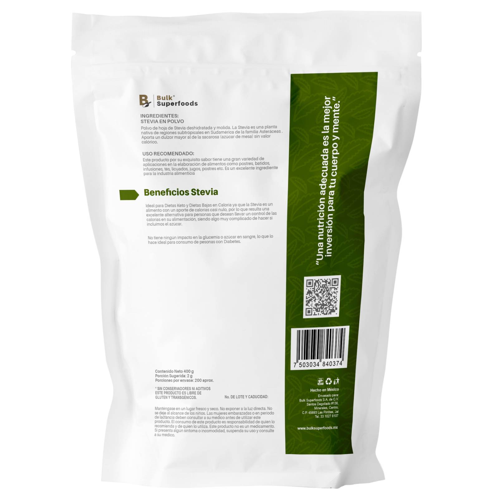 Stevia en Polvo 400g Endulzante Natural Stevia Powder. 