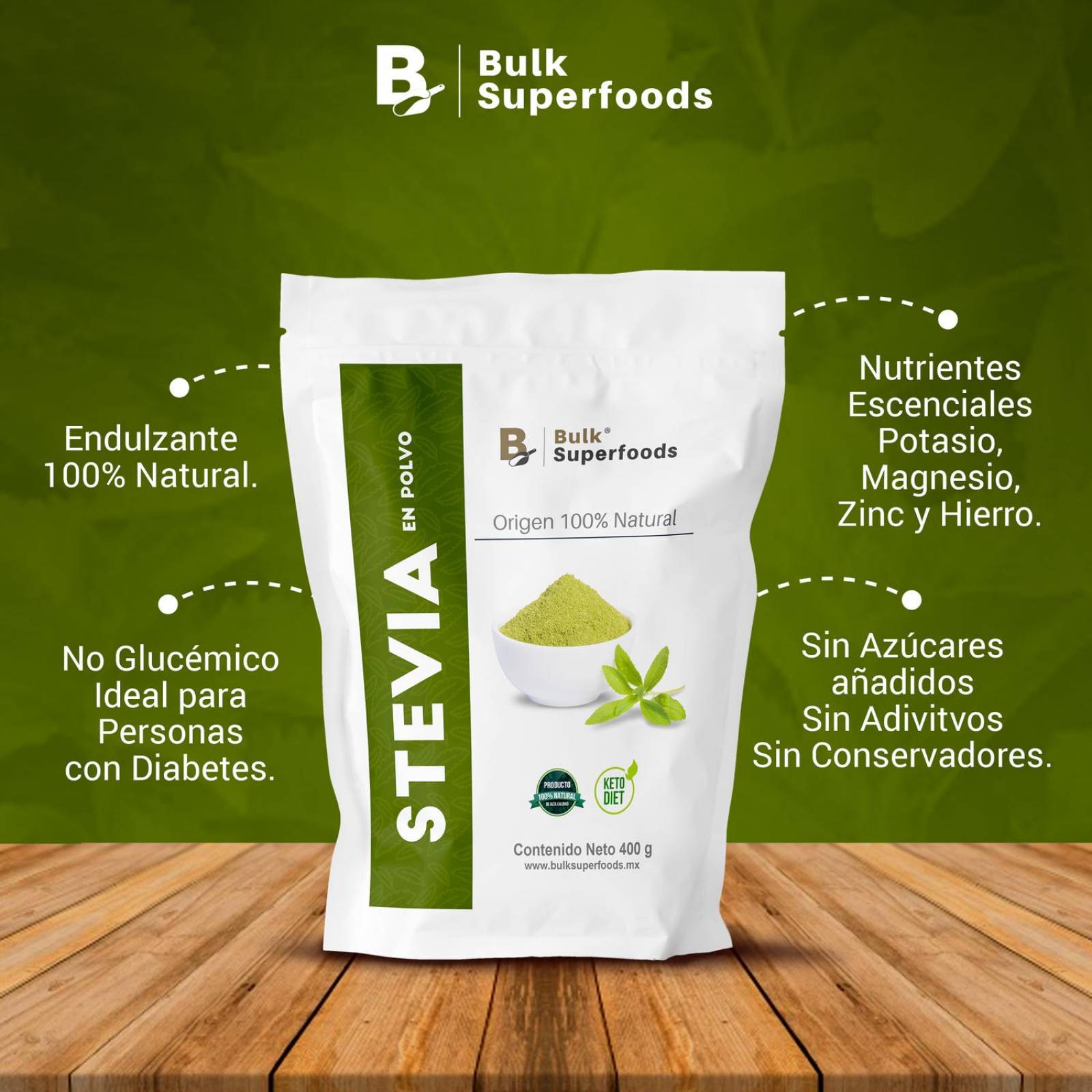 Stevia en Polvo 400g Endulzante Natural Stevia Powder. 