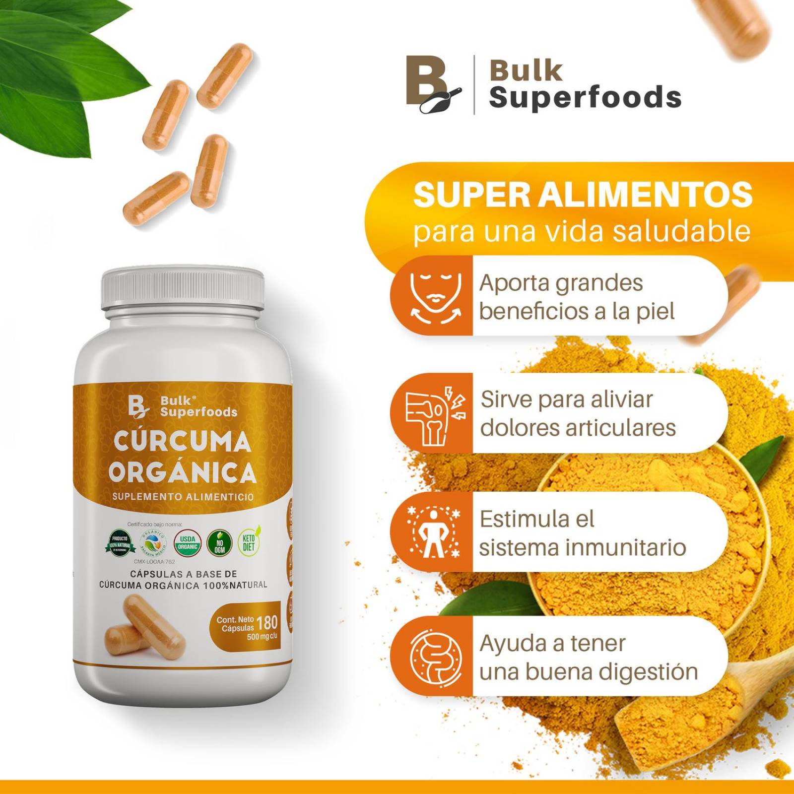 Suplementos Alimenticios a Base de Curcuma Organica 100% Natural Curcuma Capsulas - 180 Capsulas 