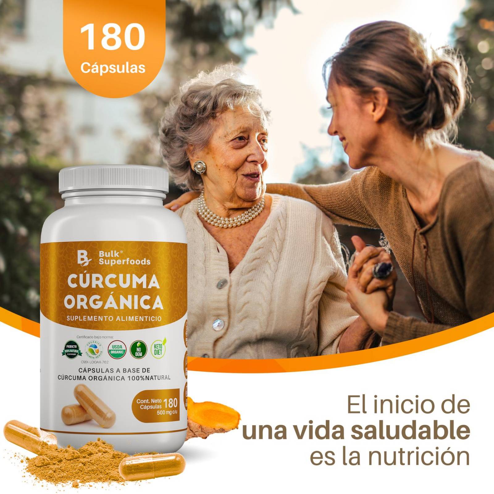 Suplementos Alimenticios a Base de Curcuma Organica 100% Natural Curcuma Capsulas - 180 Capsulas 
