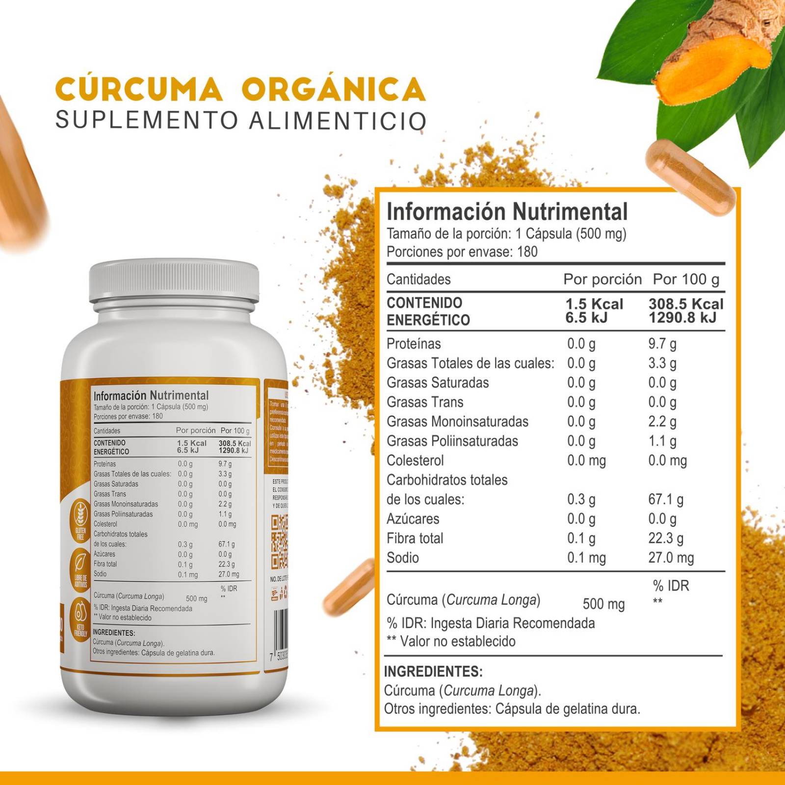 Suplementos Alimenticios a Base de Curcuma Organica 100% Natural Curcuma Capsulas - 180 Capsulas 