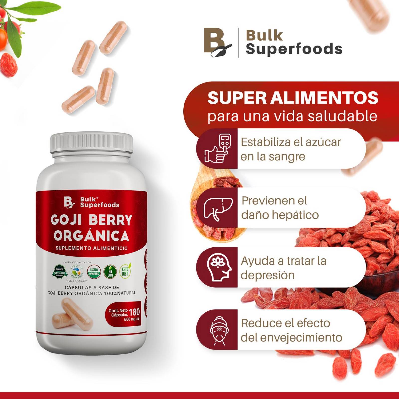 Suplementos Alimenticios a Base de Bayas de Goji Organicas 100% Natural 180 Capsulas