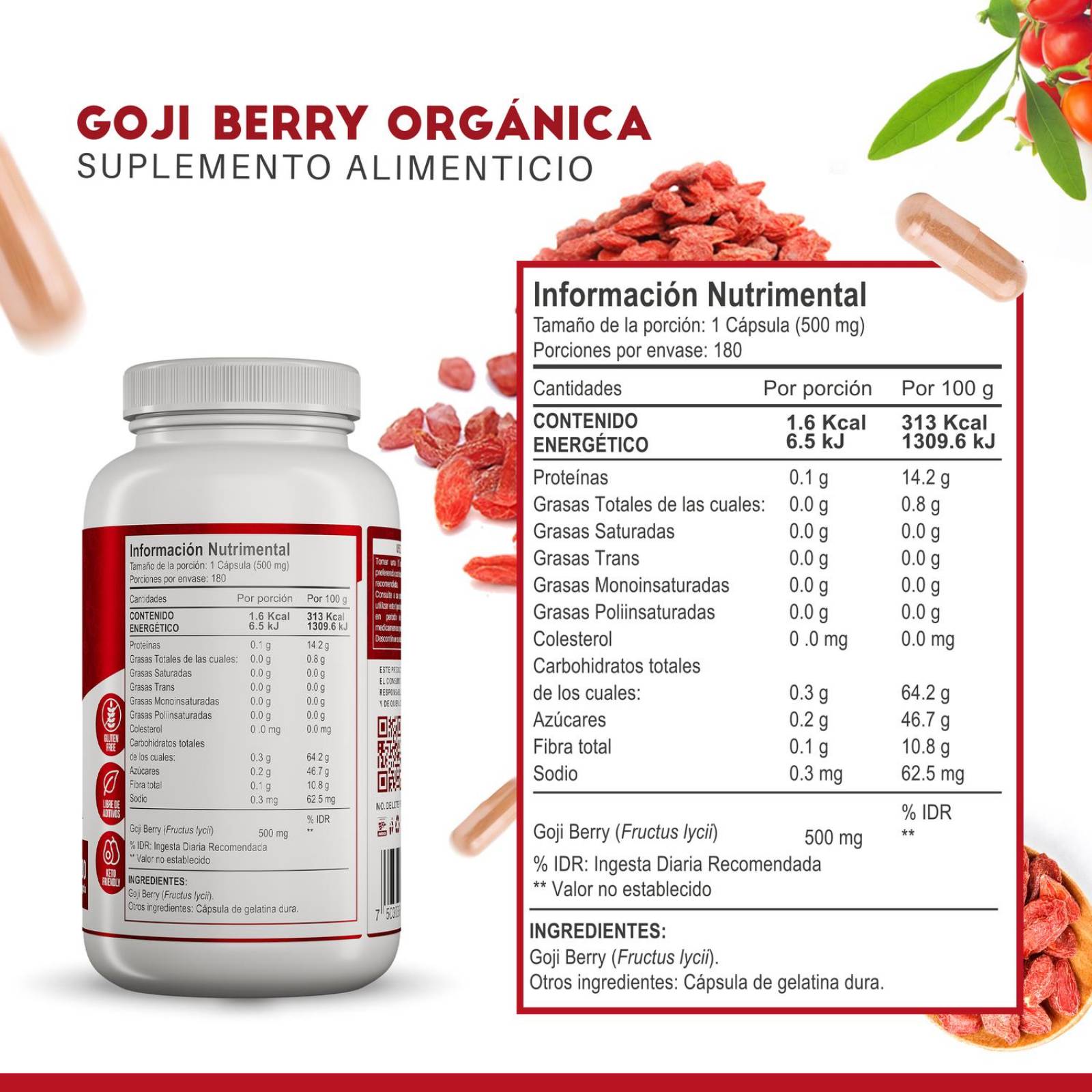Suplementos Alimenticios a Base de Bayas de Goji Organicas 100% Natural 180 Capsulas