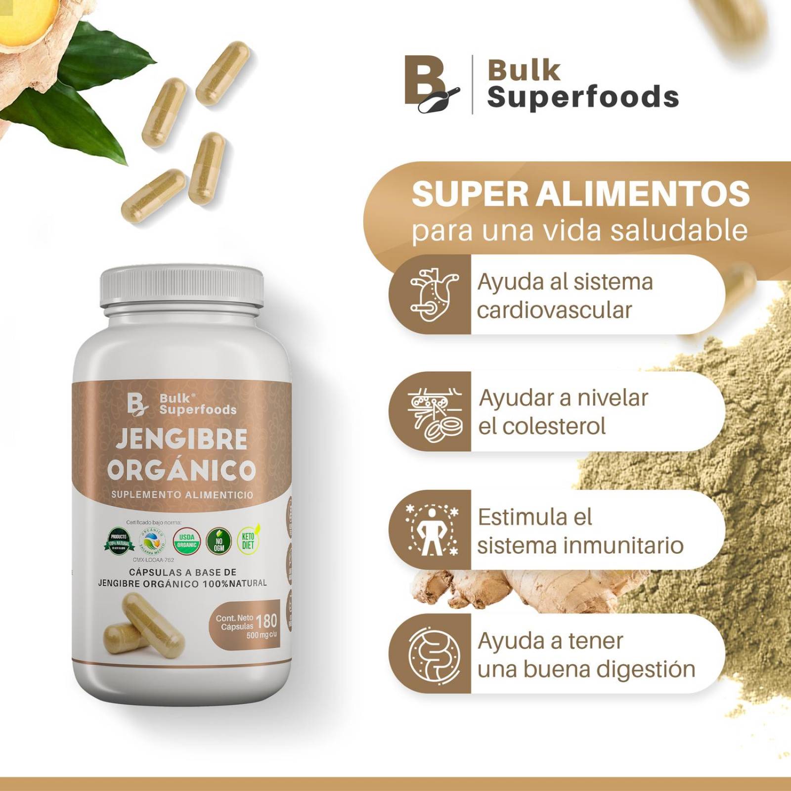 Suplementos Alimenticios a Base de Jengibre Organico 100% Natural| Jengibre en Capsulas - 180 Capsul