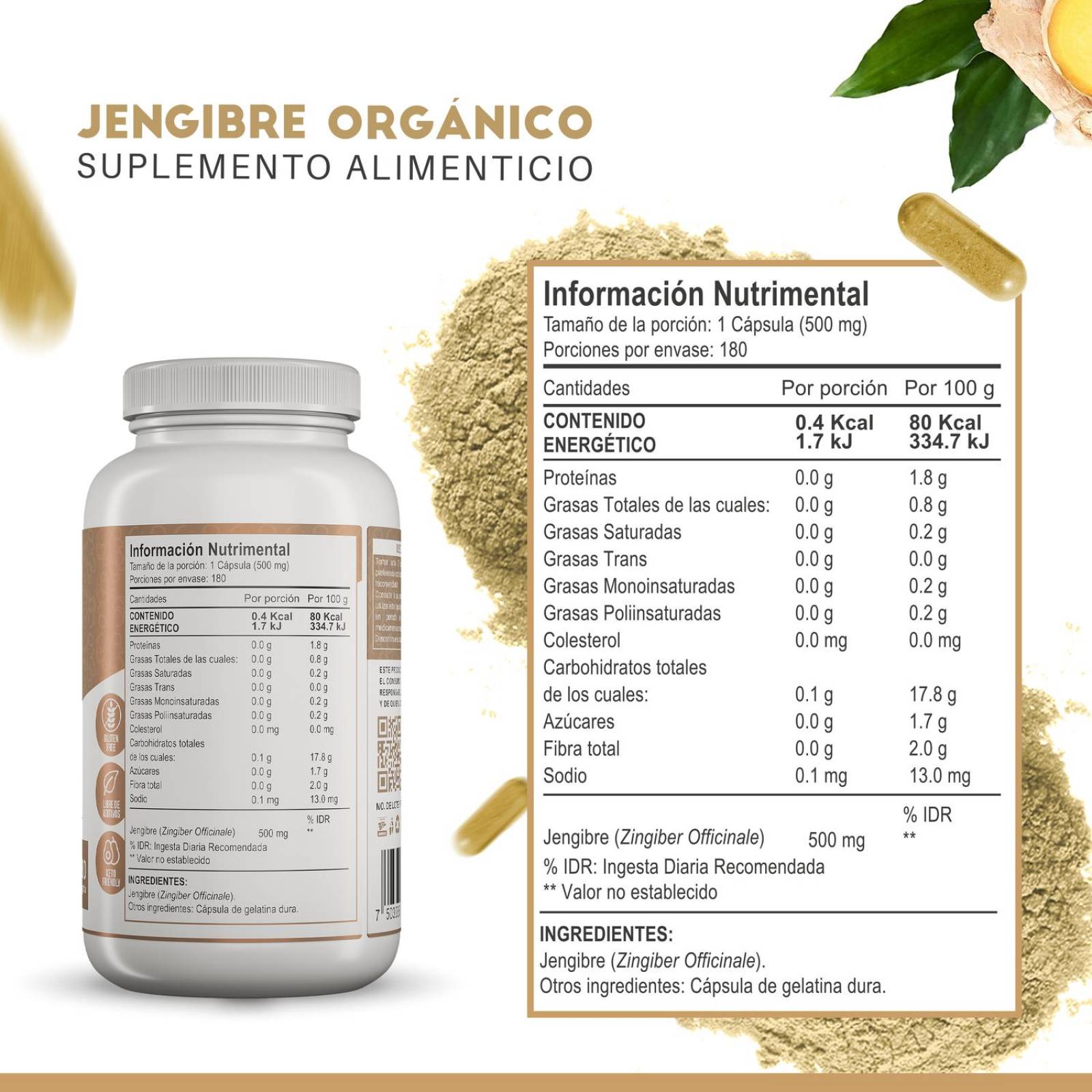 Suplementos Alimenticios a Base de Jengibre Organico 100% Natural| Jengibre en Capsulas - 180 Capsul