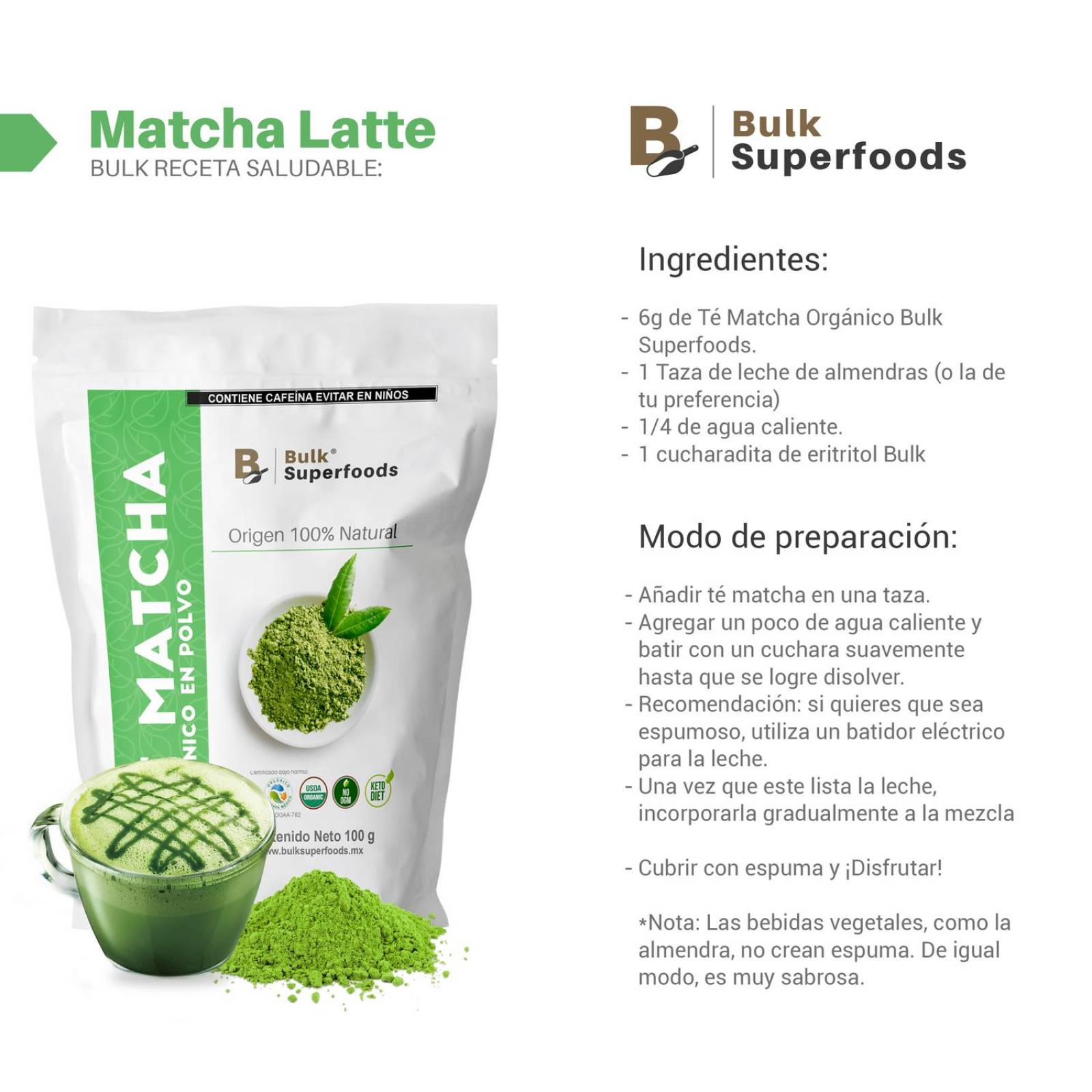 Té Matcha En Polvo 100g Marca Bulk Superfoods 