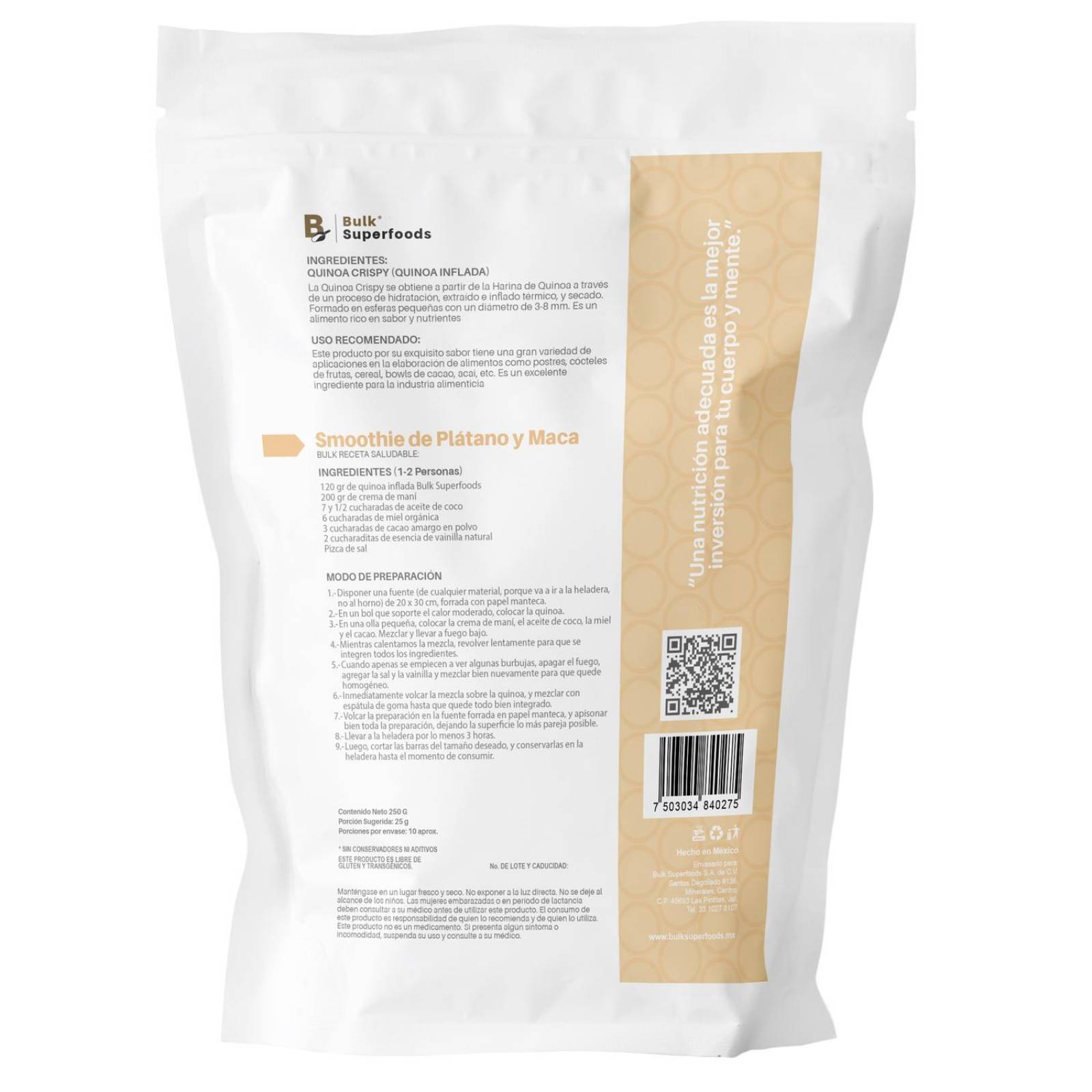 Cereal de Quinoa Inflada Crispy | 250 gramos | Bulk Superfoods | Cereal Sin Gluten y Sin Azúcar 