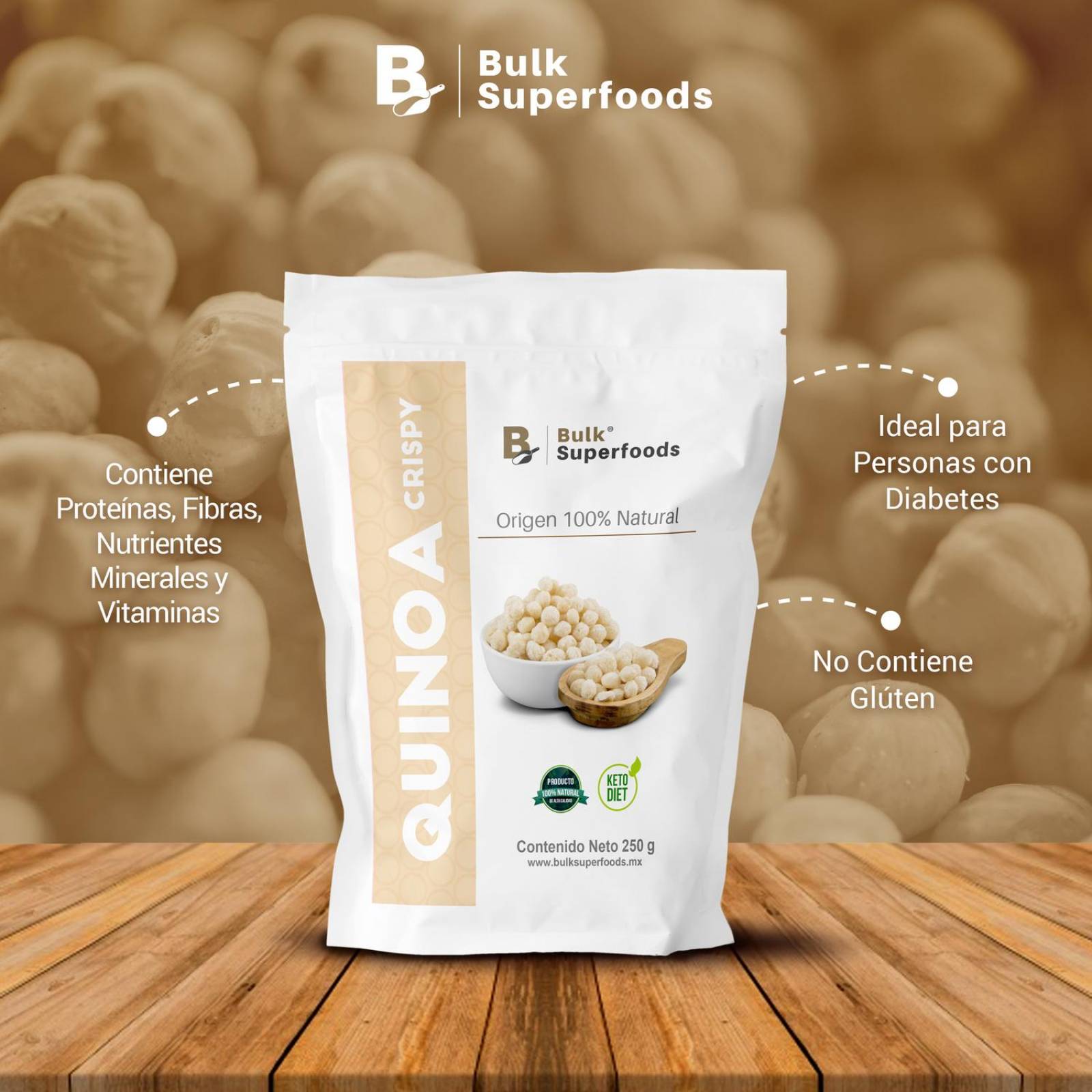 Cereal de Quinoa Inflada Crispy | 250 gramos | Bulk Superfoods | Cereal Sin Gluten y Sin Azúcar 