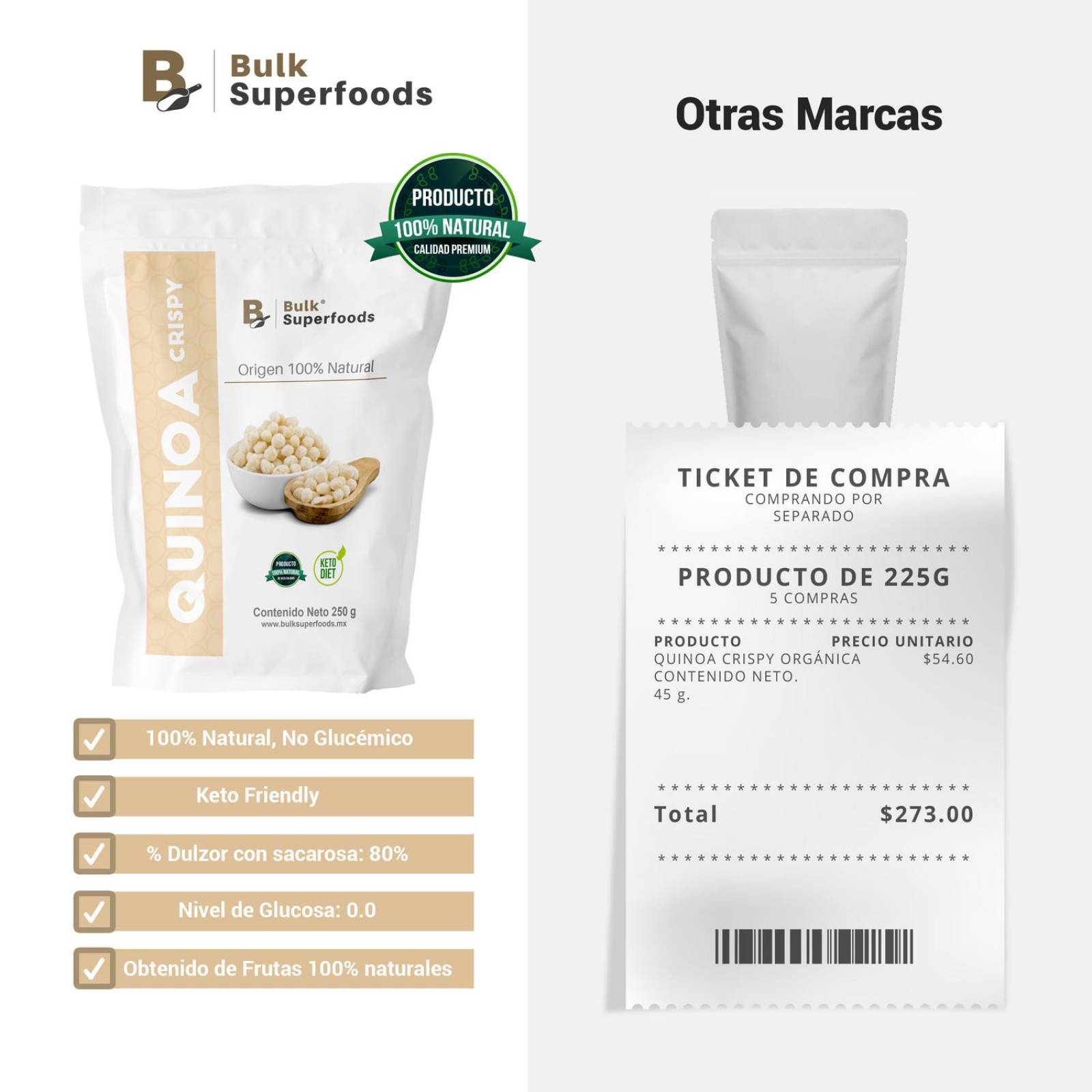 Cereal de Quinoa Inflada Crispy | 250 gramos | Bulk Superfoods | Cereal Sin Gluten y Sin Azúcar 