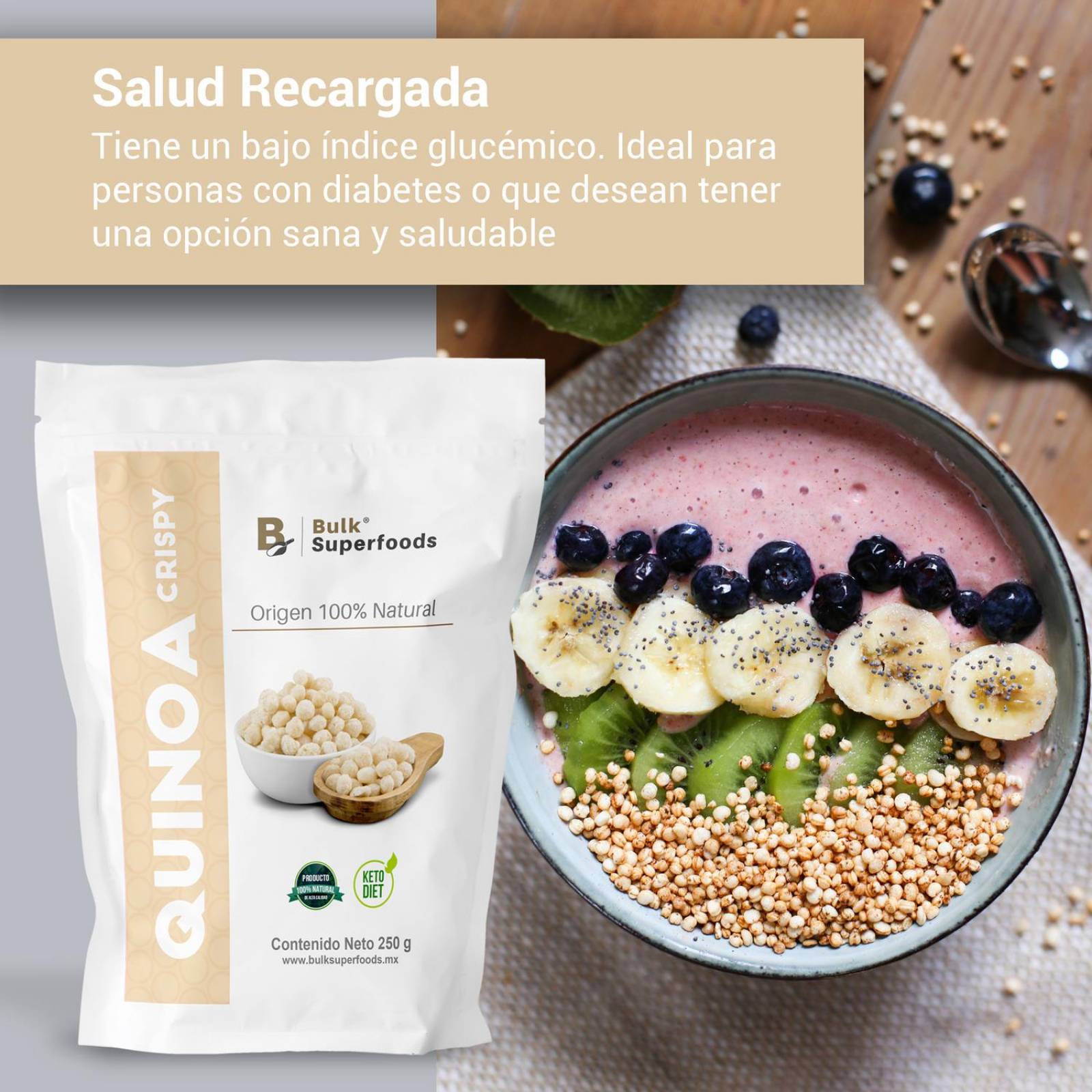 Cereal de Quinoa Inflada Crispy | 250 gramos | Bulk Superfoods | Cereal Sin Gluten y Sin Azúcar 