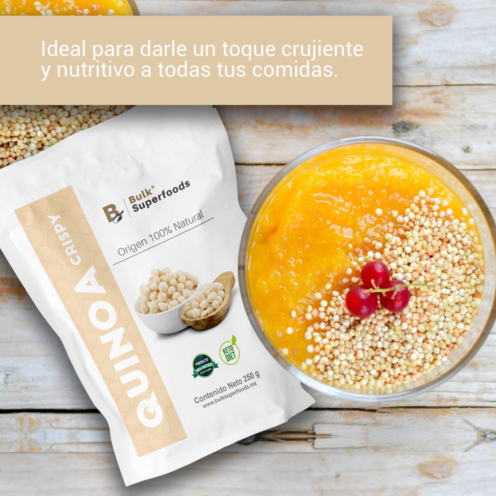 Cereal de Quinoa Inflada Crispy | 250 gramos | Bulk Superfoods | Cereal Sin Gluten y Sin Azúcar 