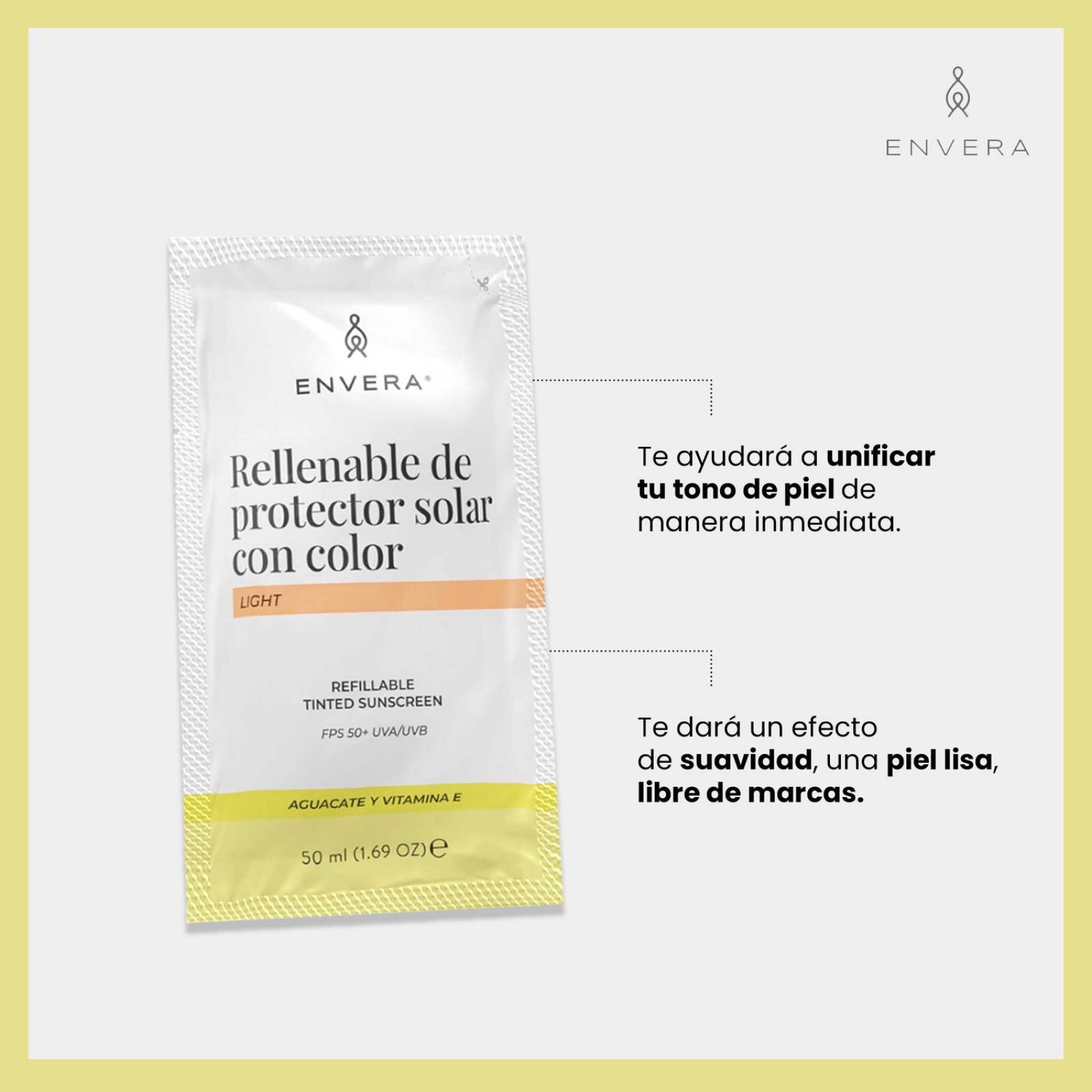 Protector Solar Facial + Rellenable Envera FSP 50+ 100ml Light