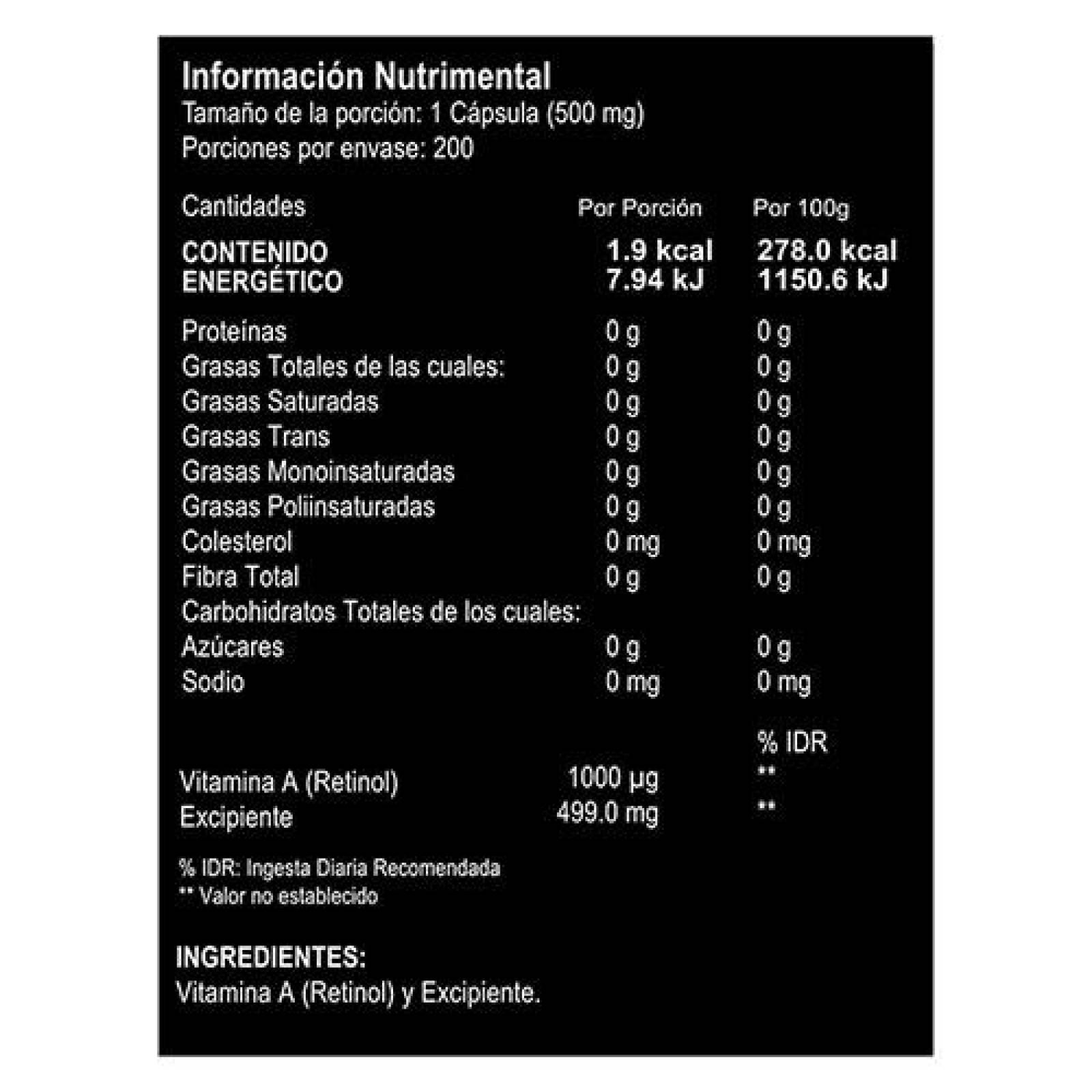 Vitamina A |200 capsulas | Suplemento alimenticio a base de Vitamina A | Multivitaminico. 