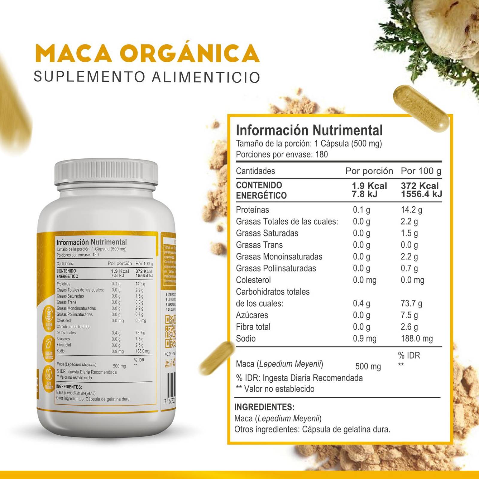 Suplementos Alimenticios a Base de Maca Oganica 100% Natural 180 Cápsula- Multivitaminico Hombre M 