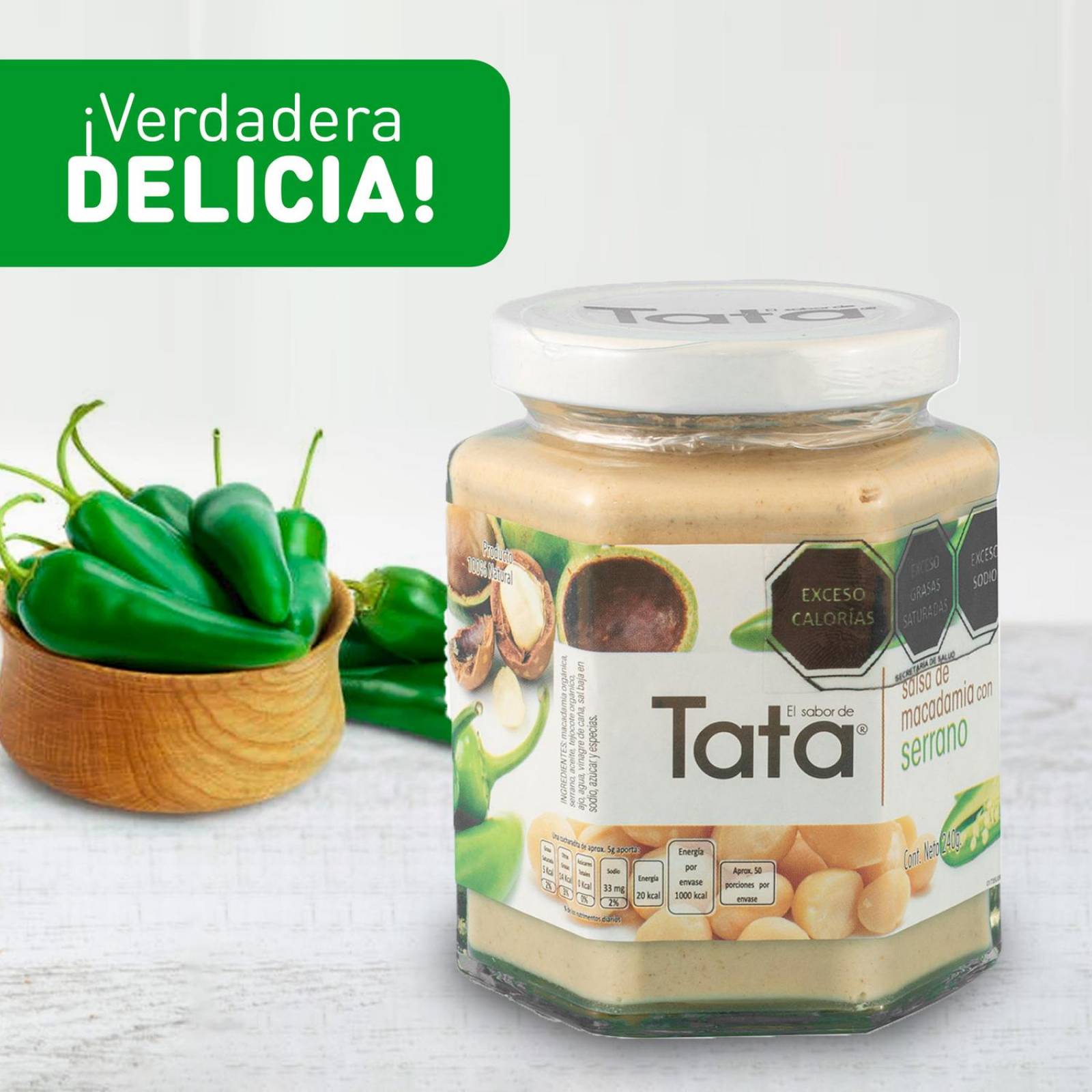 Salsa de Nuez de Macadamia y Chiles 240gr Tradicionales de Nueces de Macadamia en Frascos de Vidrio tata serrano serrano