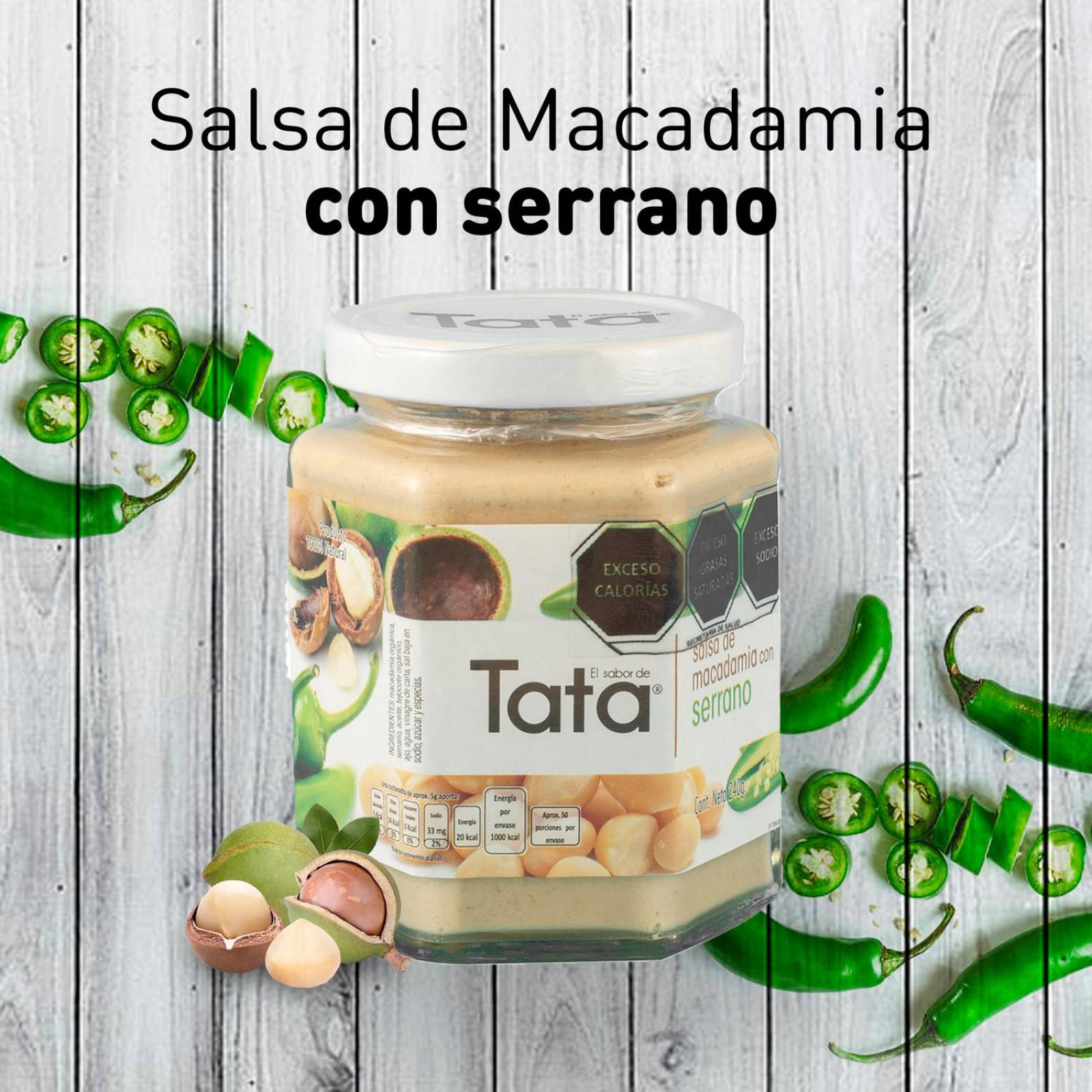 Salsa de Nuez de Macadamia y Chiles 240gr Tradicionales de Nueces de Macadamia en Frascos de Vidrio tata serrano serrano