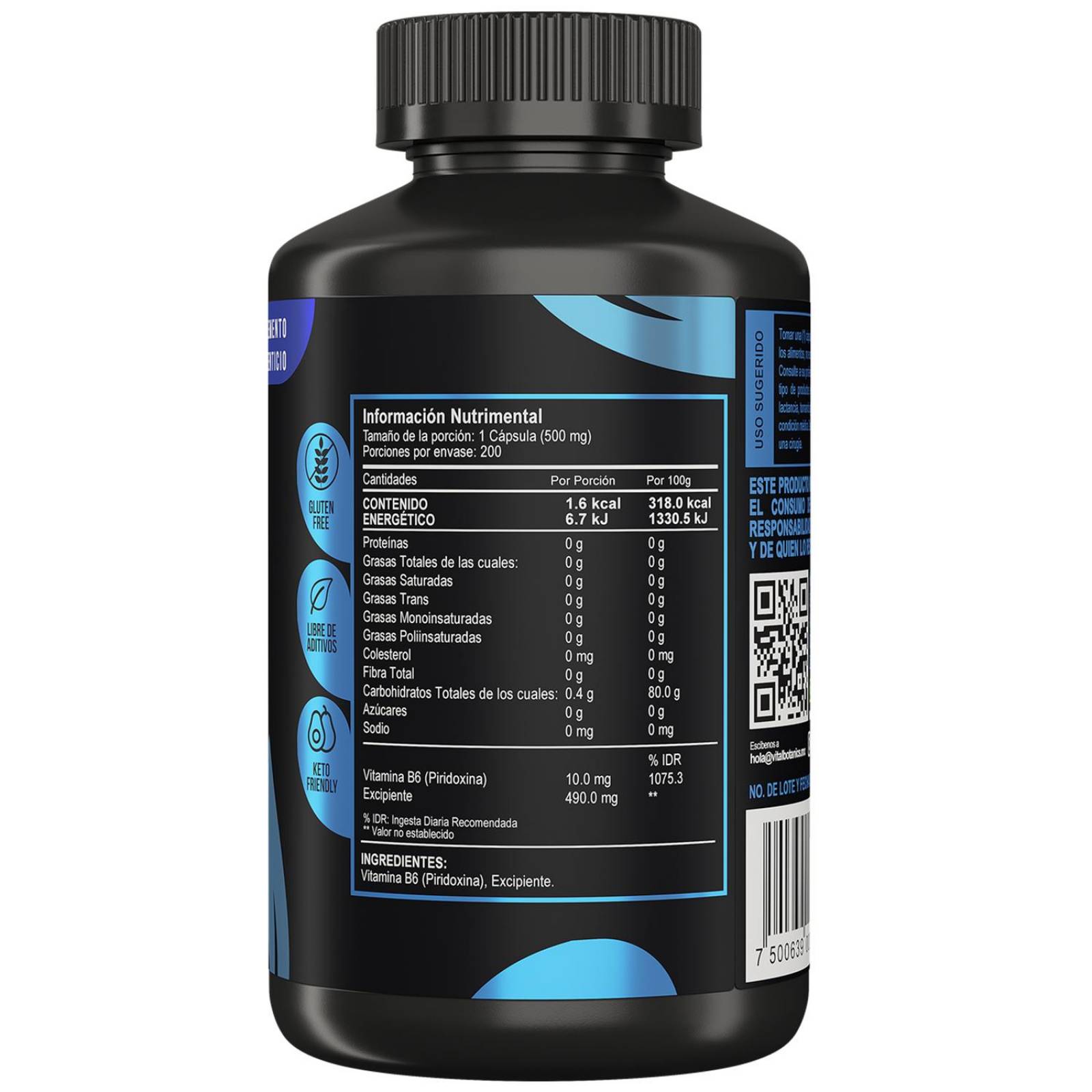 Vitamina B6 Piridoxina 200 cápsulas -Multivitaminico. 