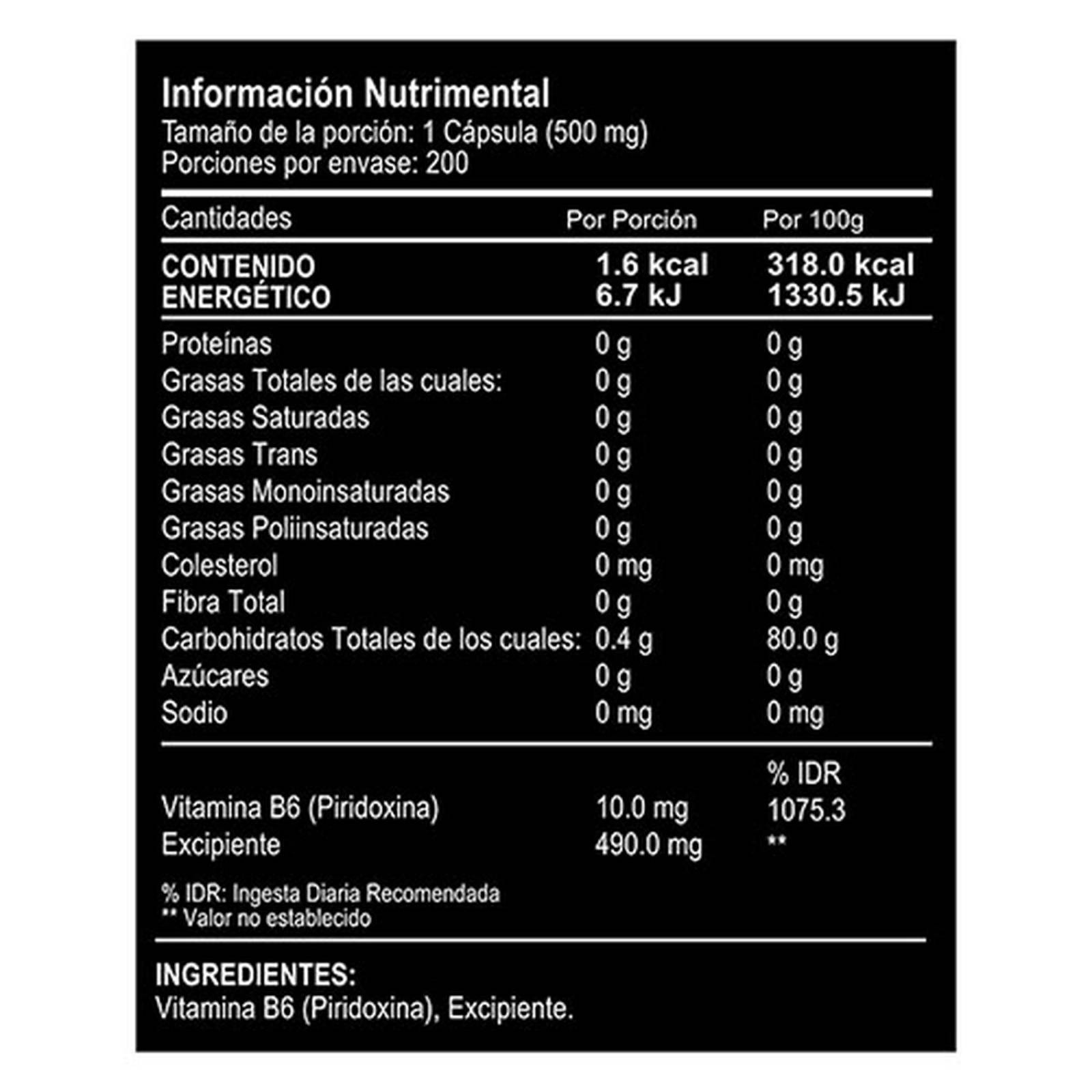 Vitamina B6 Piridoxina 200 cápsulas -Multivitaminico. 