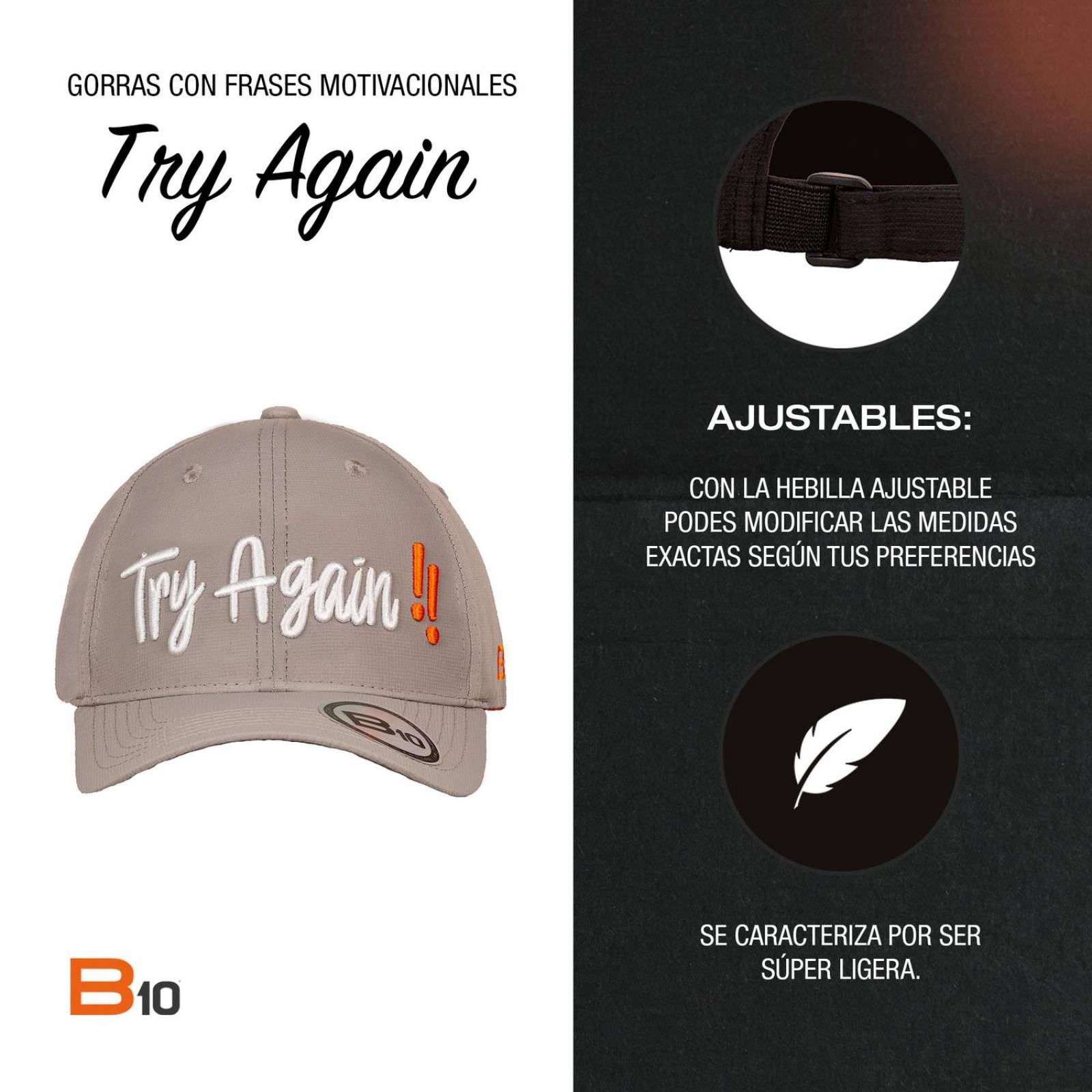 Gorras Unisex B10 Gorras Deportivas Con Bolsillo Secreto Ideales para Golf Try Again-G unitalla Gris