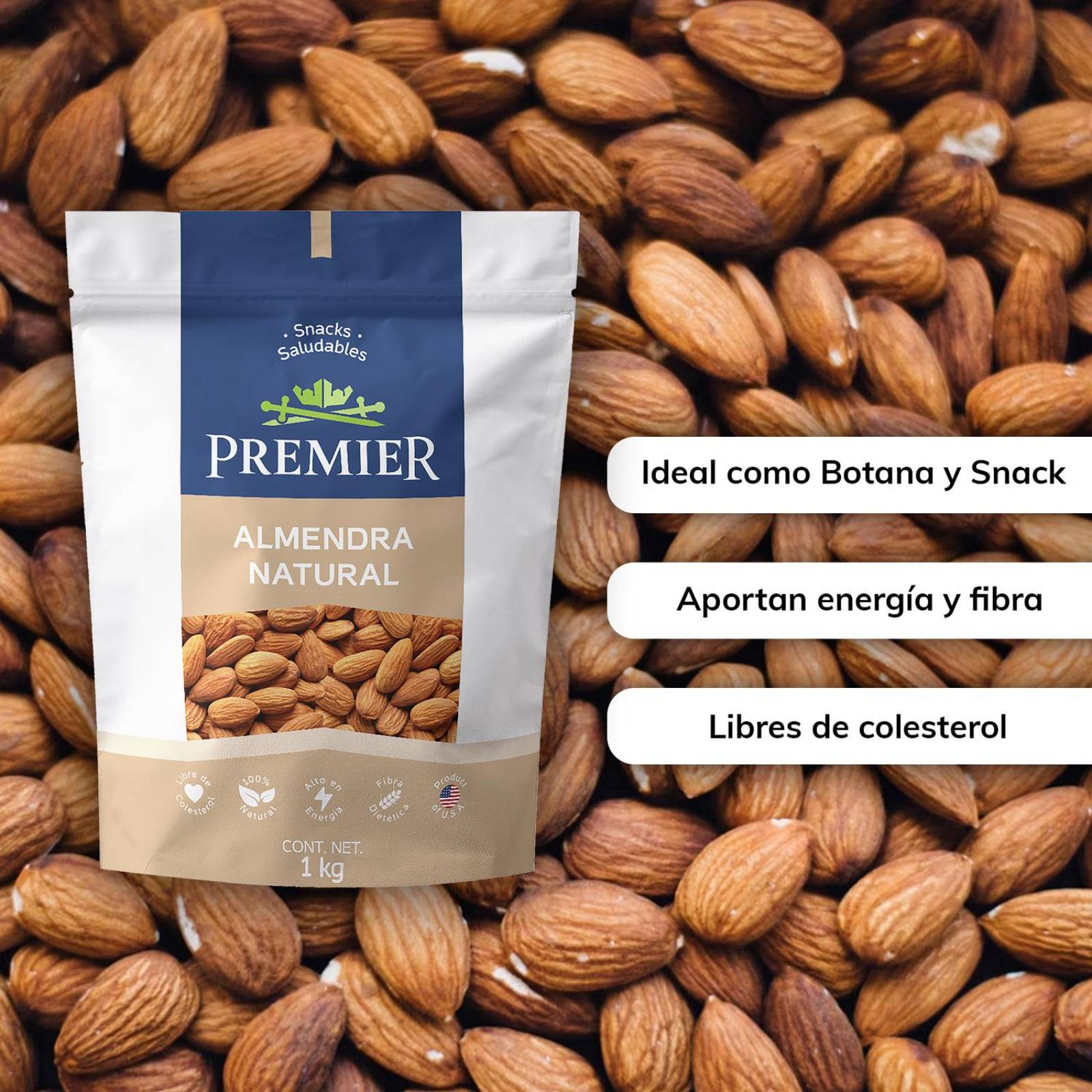 Almendras Enteras 1kg | PREMIER | Frutos Secos 100% Natural 