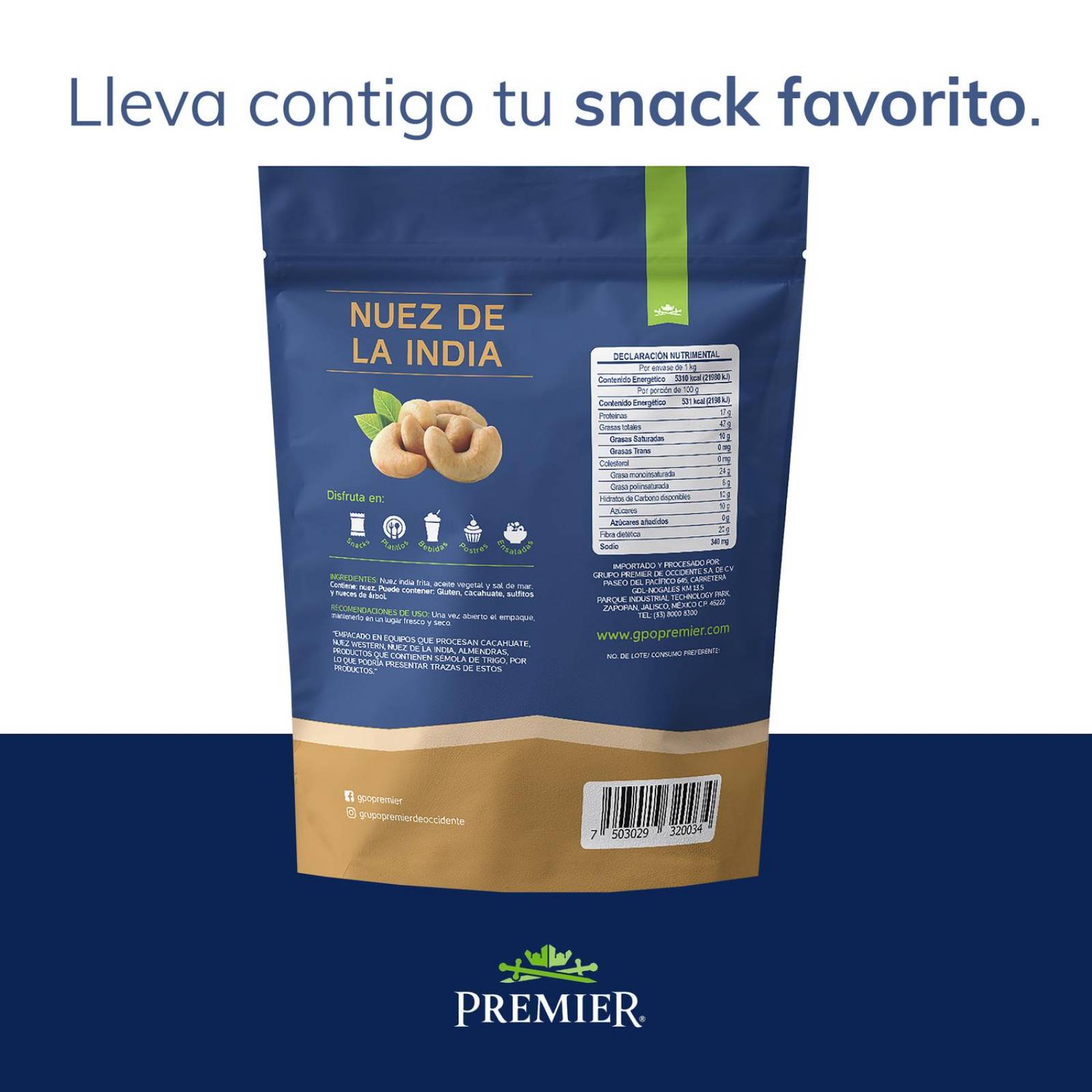 Nuez de la India Frita con Sal Marina 1kg | PREMIER | Snacks 