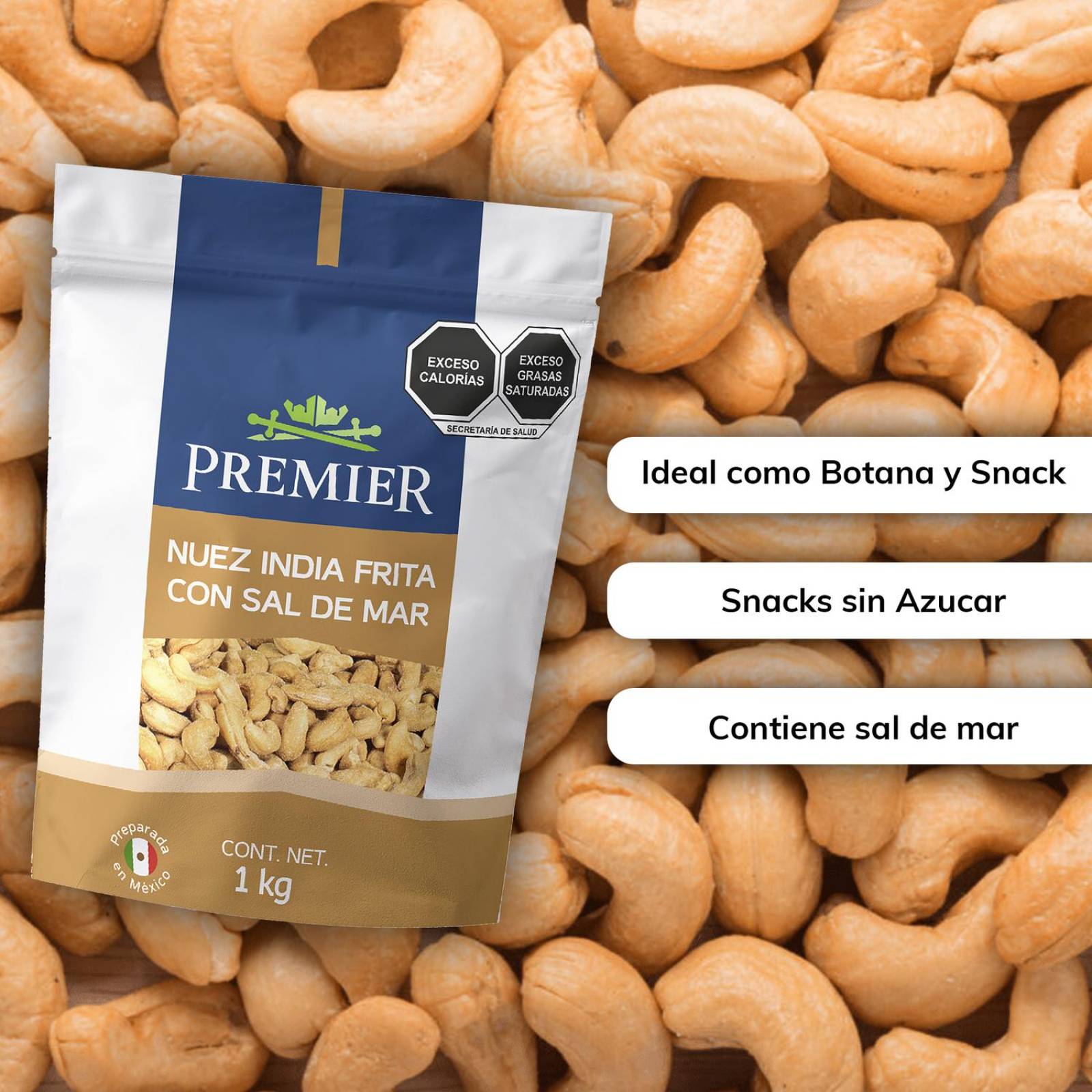 Nuez de la India Frita con Sal Marina 1kg | PREMIER | Snacks 