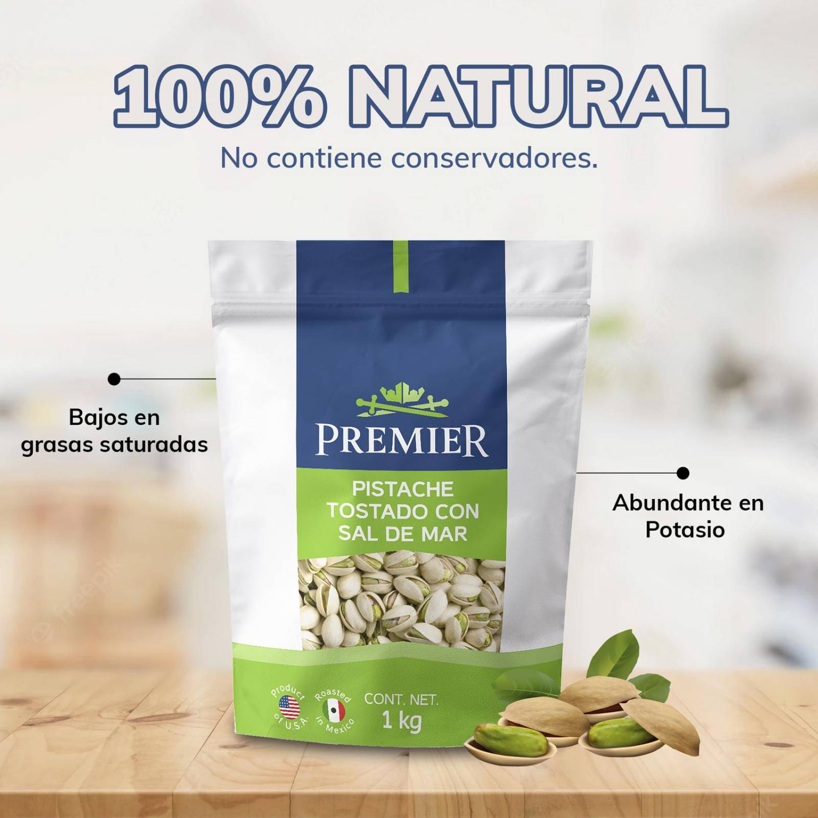 Pistaches Tostados con Cascara y Sal Marina - 1kg | PREMIER 
