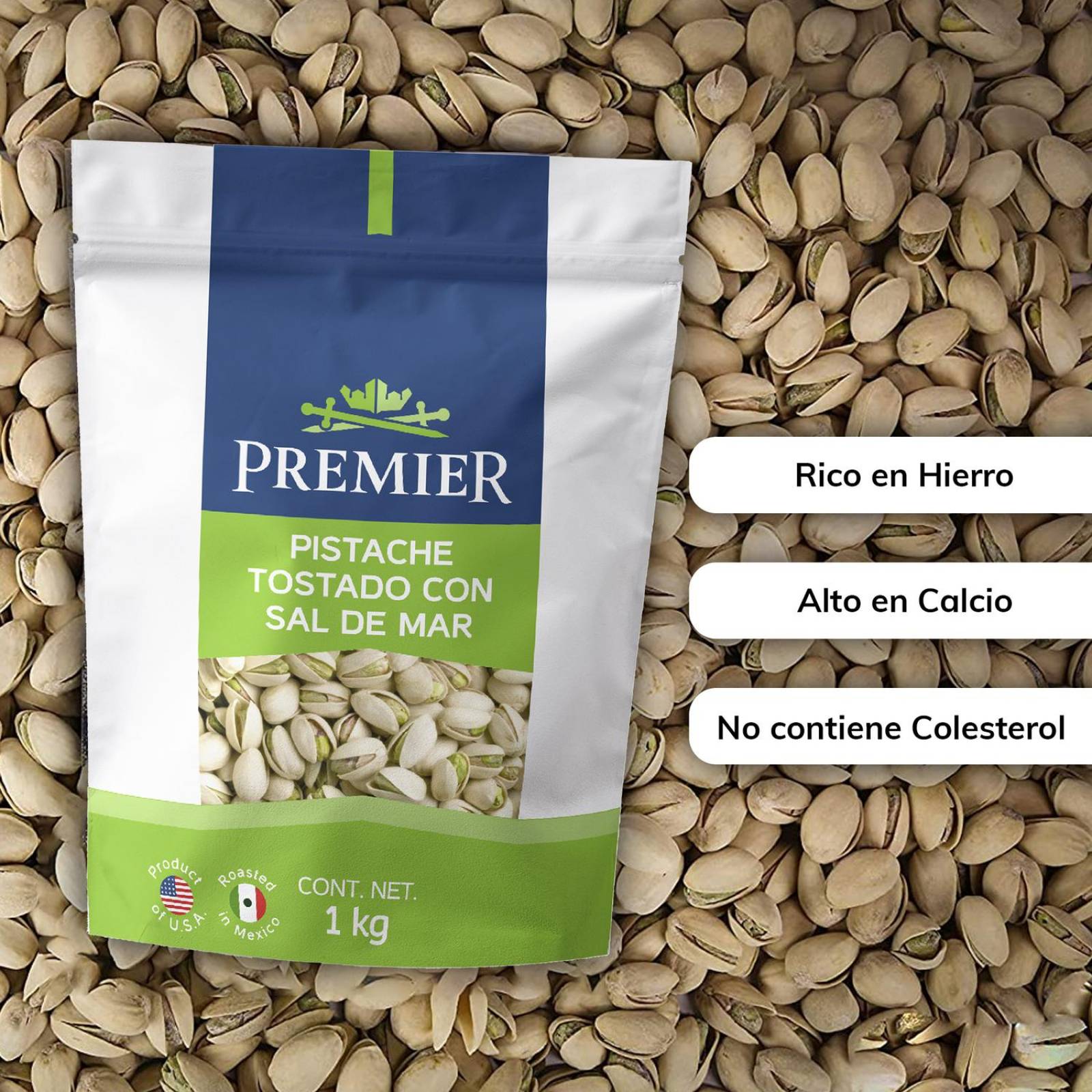 Pistaches Tostados con Cascara y Sal Marina - 1kg | PREMIER 