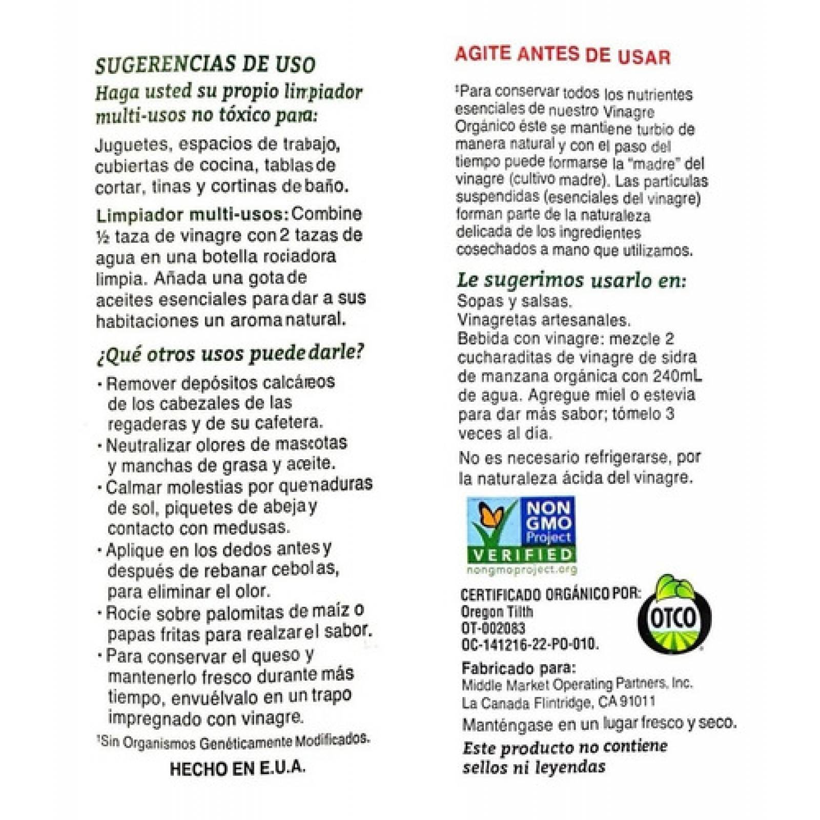 Vinagre De Sidra De Manzana Orgánico Mother Earth 1.89lt