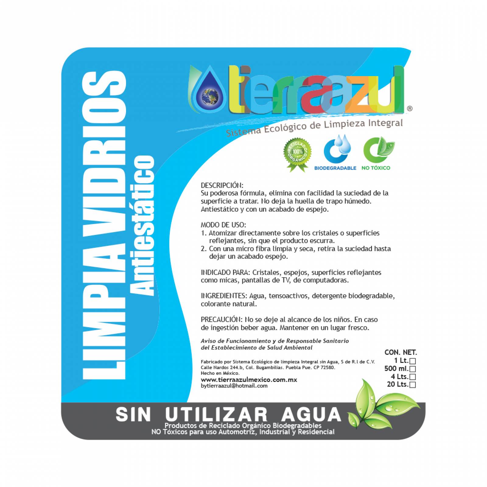 Limpia Vidrios (1 litro) - Tierra Azul Mx