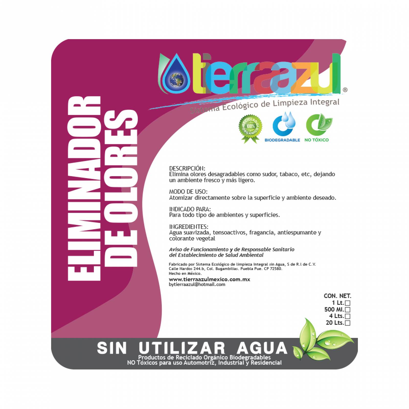 Eliminador de Olores (4 litros) - Tierra Azul Mx