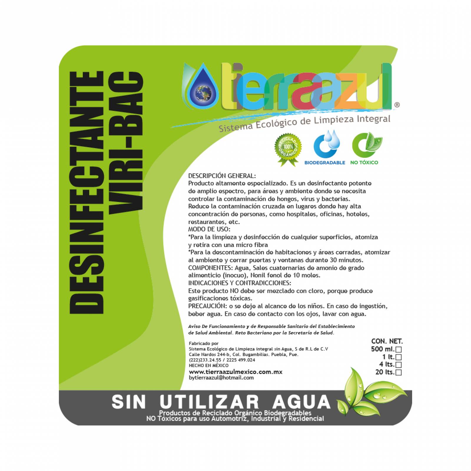 Desinfectante Viri-Bac (20 litros) - Tierra Azul Mx