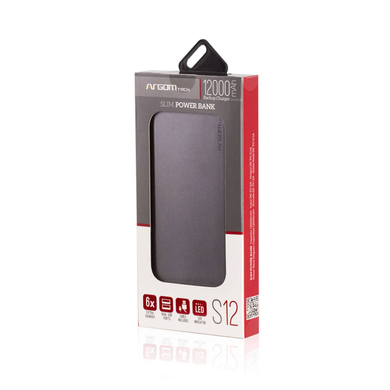 Power Bank S12 Delgado de Aluminio 12,000 mAh - Plateado -Doble Entrada: Micro-USB / Type-C - 2 Ports 2.1A/2A