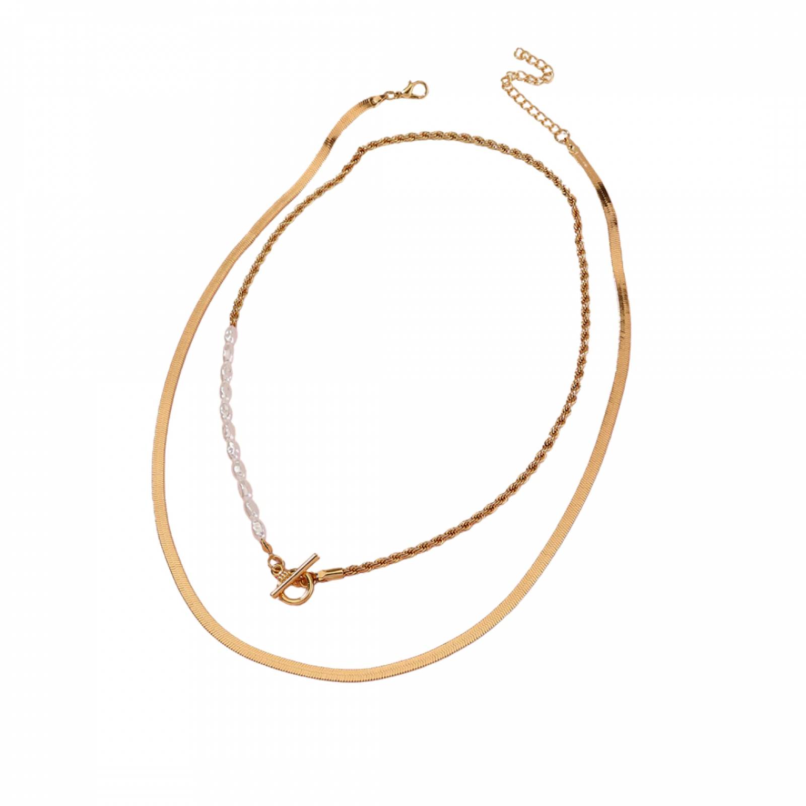 Collar Doble Capa Perla Cadena Chapa de Oro para Mujer