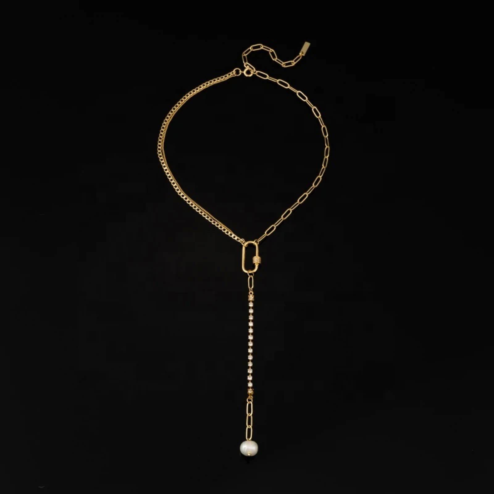 Collar Largo Perla Chapa de Oro para Mujer