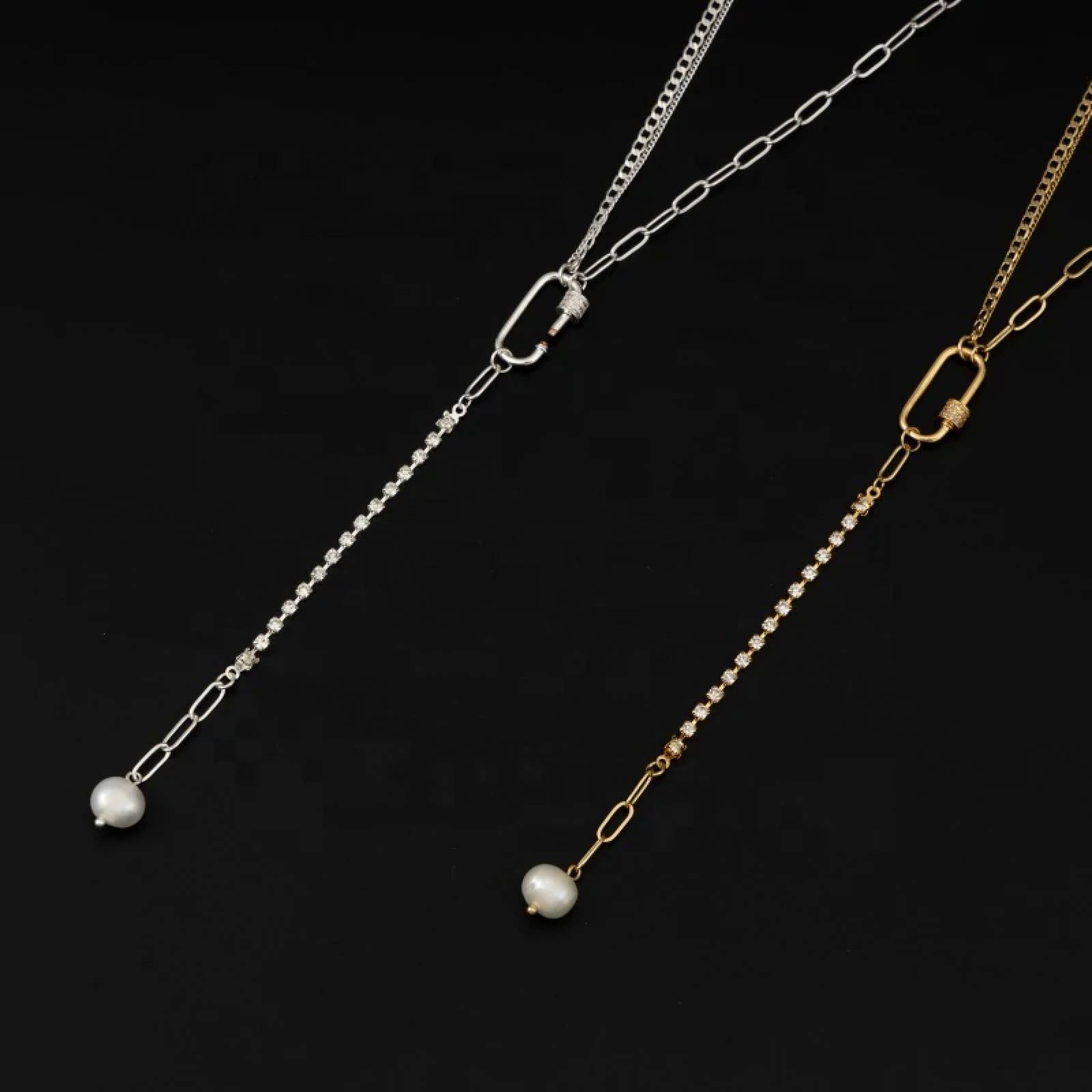 Collar Largo Perla Chapa de Oro para Mujer