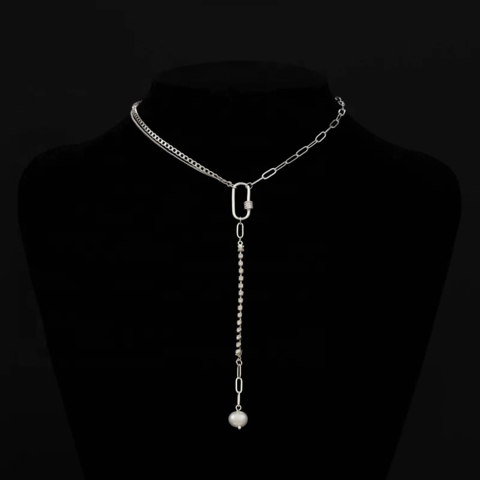 Collar Largo Perla Chapa de Oro para Mujer