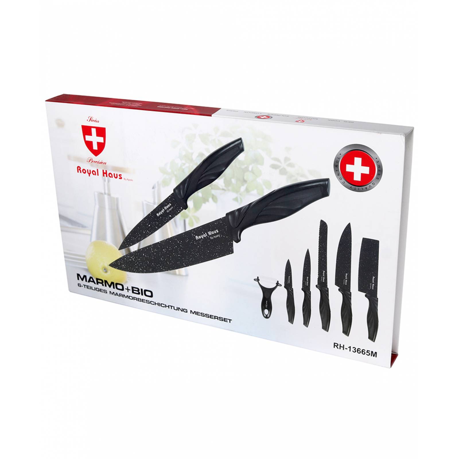 Set De Cuchillos Marmoleados, Pelador Y Tijeras 6 Piezas Royal Haus RH-13665M Anti Adherentes Negro