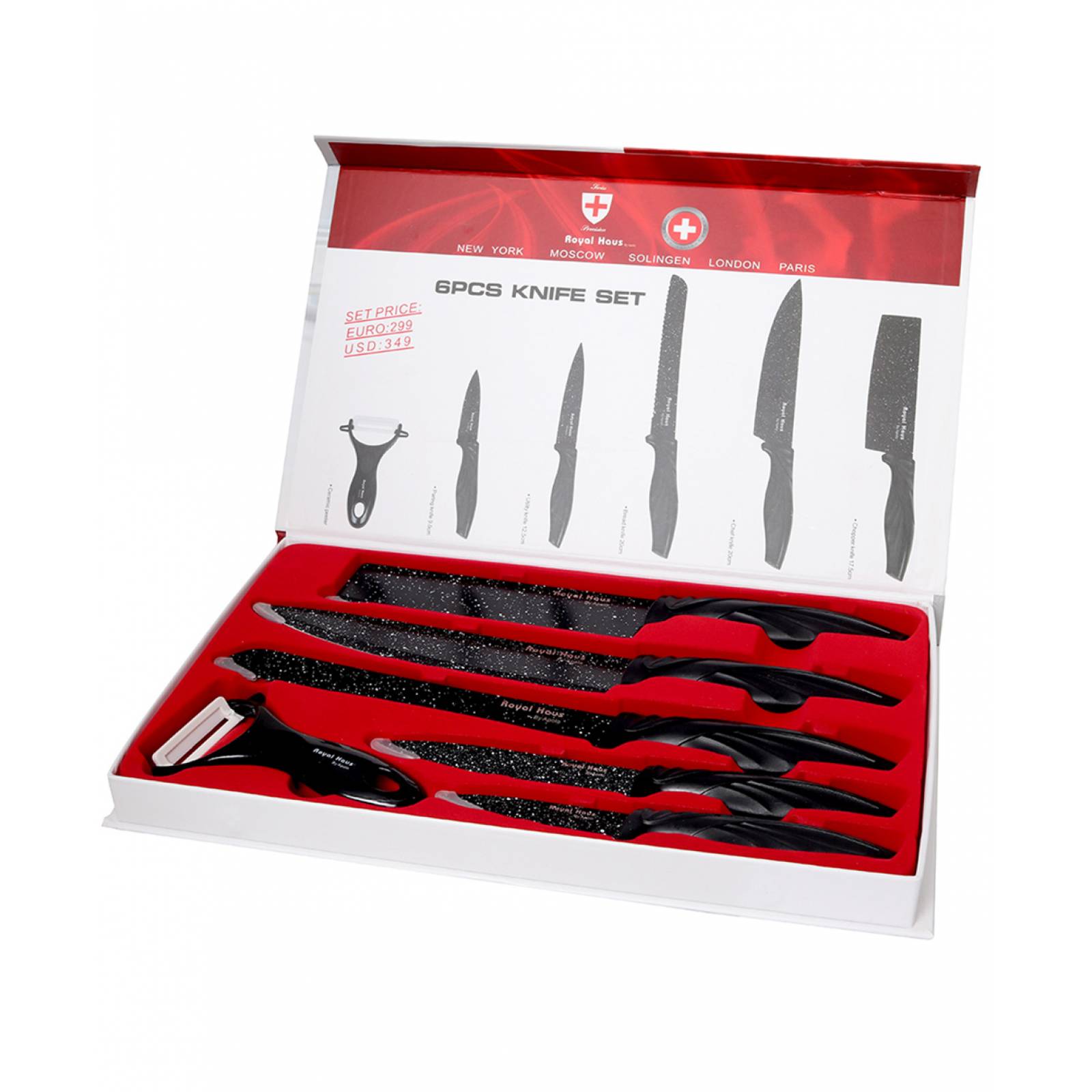Set De Cuchillos Marmoleados, Pelador Y Tijeras 6 Piezas Royal Haus RH-13665M Anti Adherentes Negro