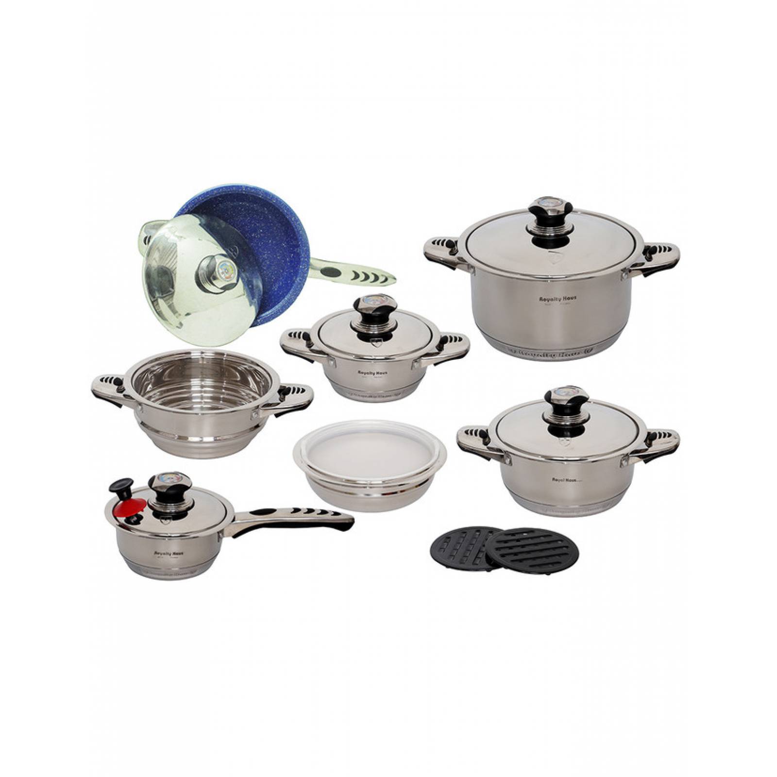 Batería Acero Inoxidable Royal Haus RH-16M Con 1 Sartén Marmoleado 16 Piezas