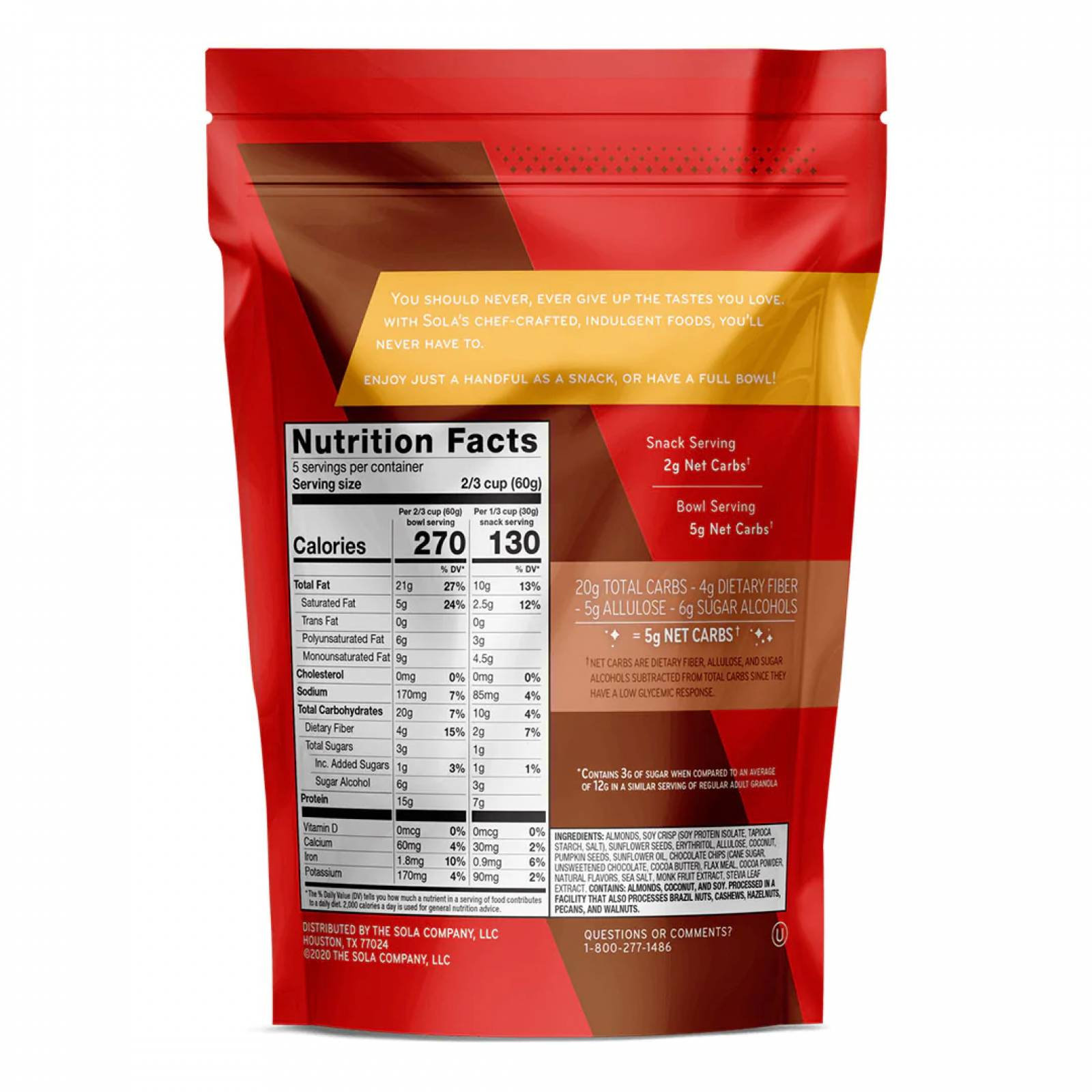 Granola SOLA, Keto sabor Doble Chocolate, Sin Azúcar Añadida, Sin Gluten.