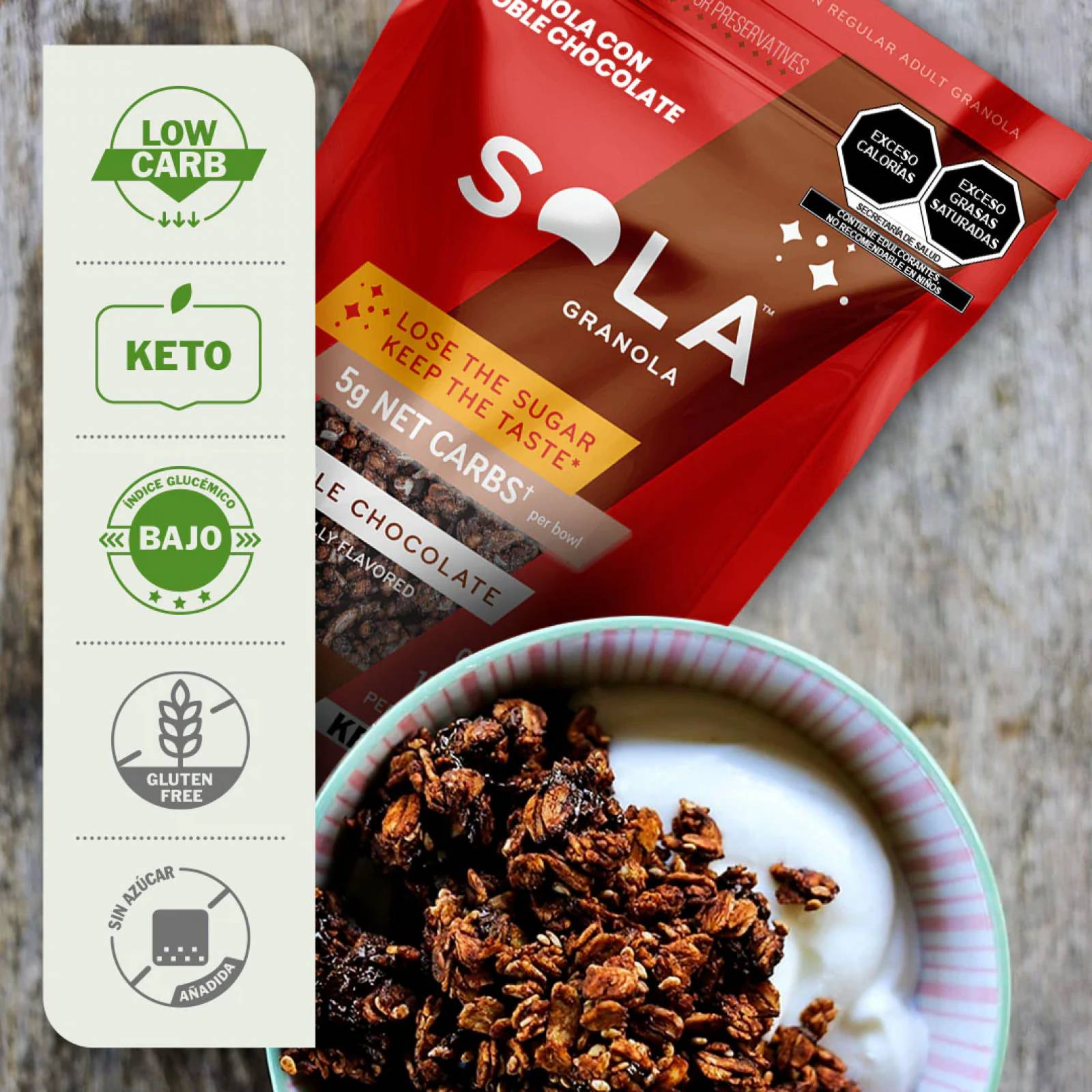 Granola SOLA, Keto sabor Doble Chocolate, Sin Azúcar Añadida, Sin Gluten.