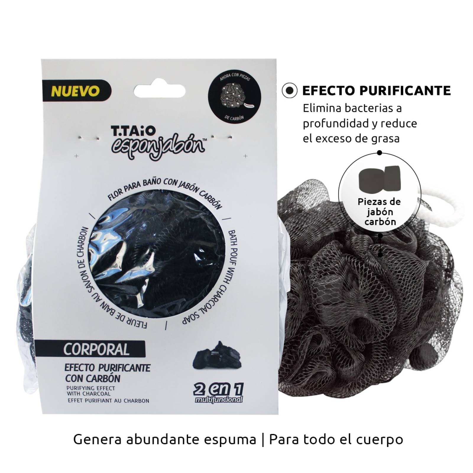 T.Taio Flor de Baño Esponjabon Carbón Activado Purificante con trocitos de jabón